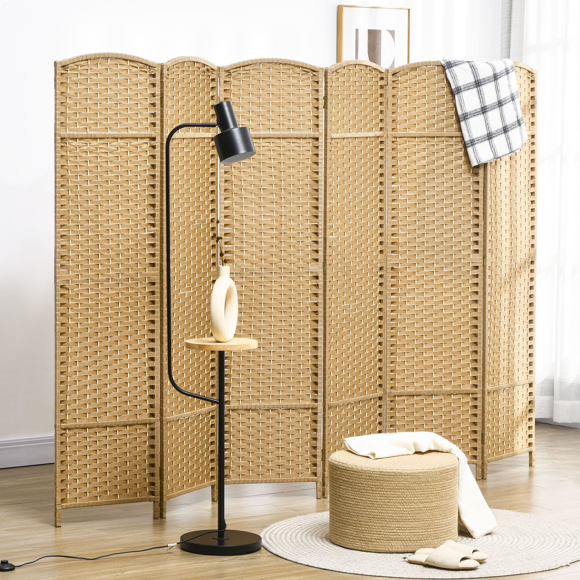 Folding Room Divider Screen 6 Panel 5.6  Tall Privacy Screen Freestanding Room Partition for Home Office, Nature Wood