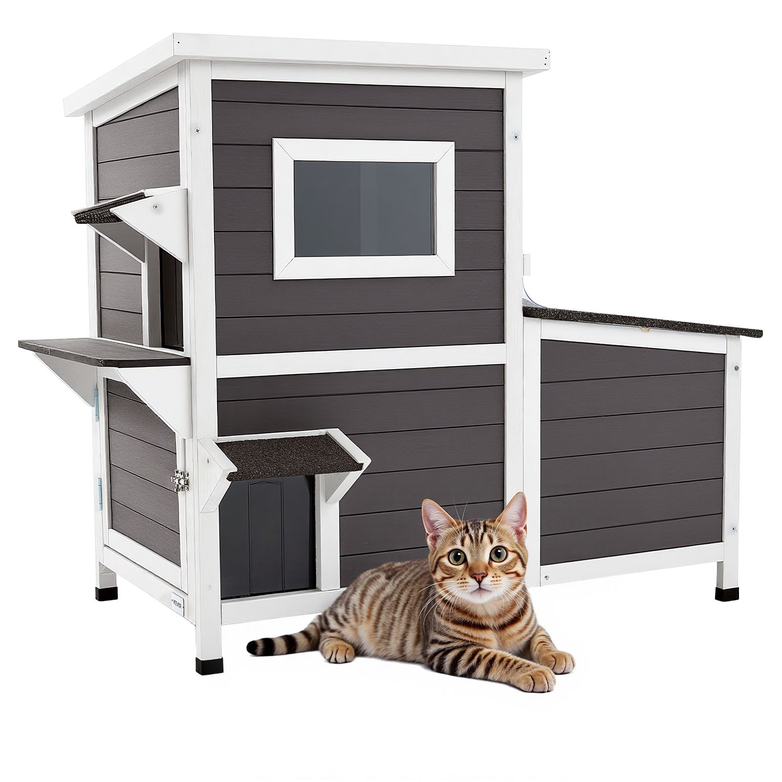 Casa para gatos exterior de madera de 2 pisos, elevada, impermeable, 42x25x34 pulgadas