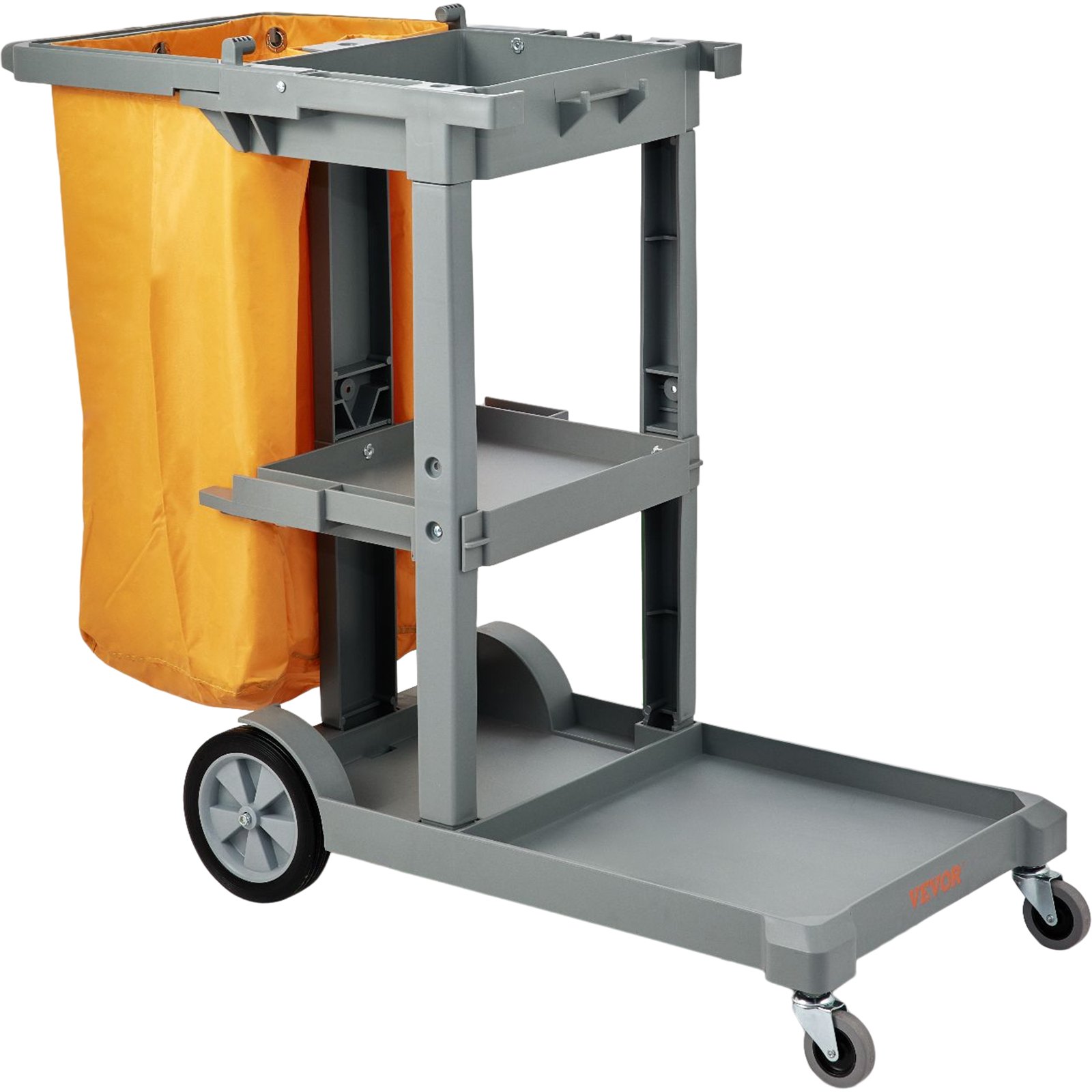Carro de limpieza comercial, 3 estantes, 200 libras, bolsa 25 galones, amarillo+gris