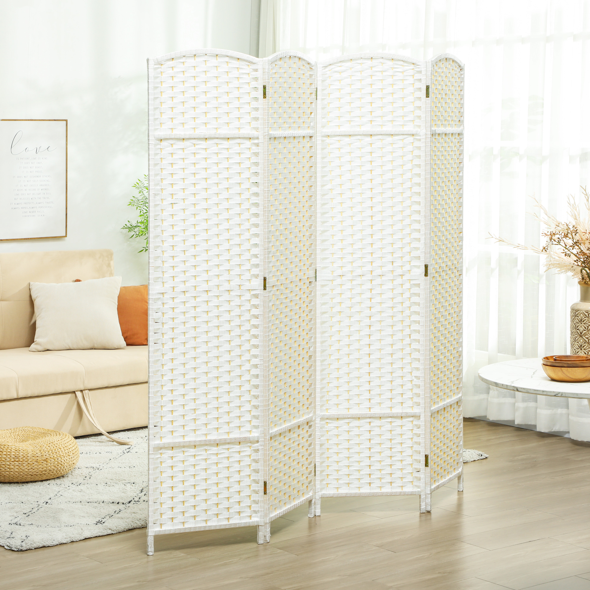 Folding Room Divider Screen 4 Panel 5.6  Tall Privacy Screen Freestanding Room Partition for Home Office, White