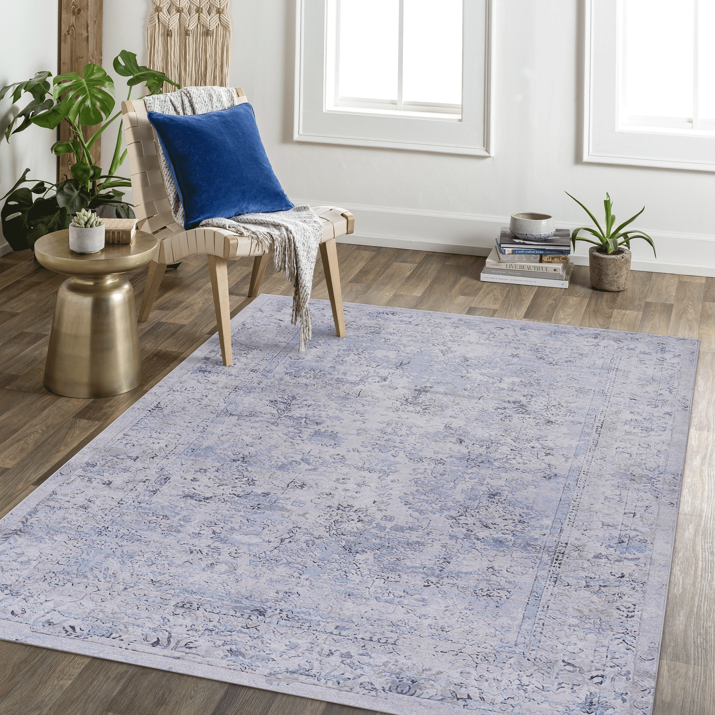 MAVAL Blue Washable Rug 8x10 Area Rug  Blue Cream, 8' X 10'