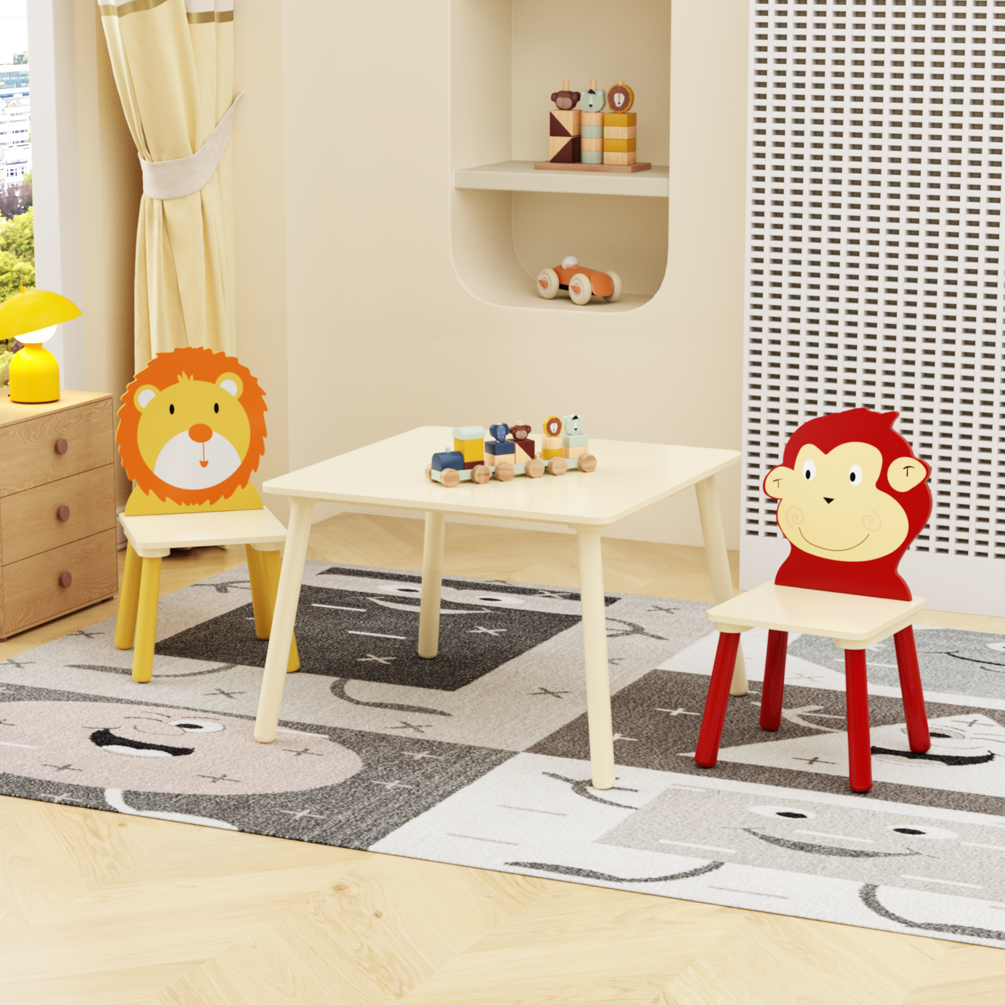 Kids Table And 2 Chairs Set, 3 Pieces Toddler Table And Chair Set, Wooden Activity Play Table Set Lion&Monkey