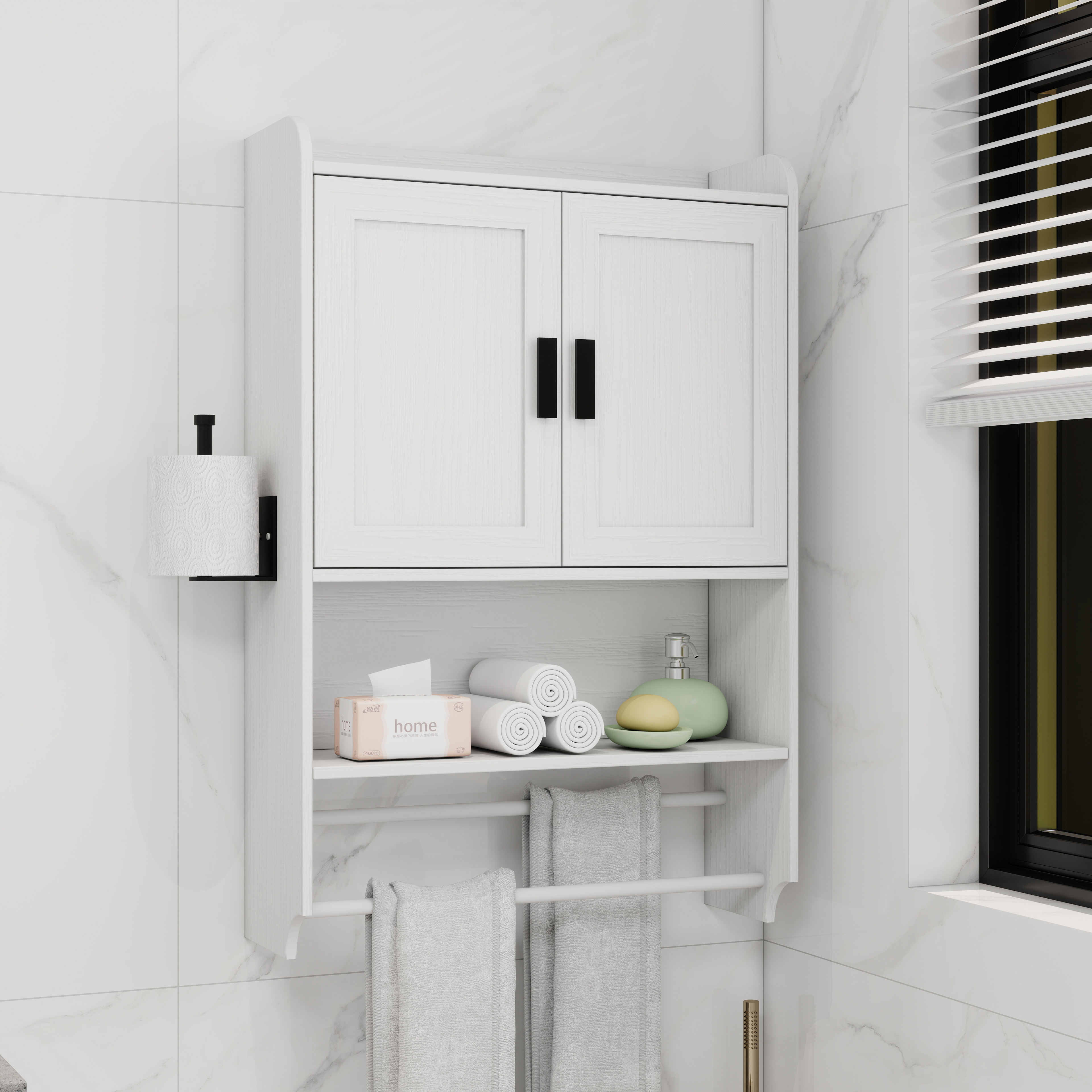 Gabinete de pared para baño, con puertas, estante ajustable, toallero, blanco