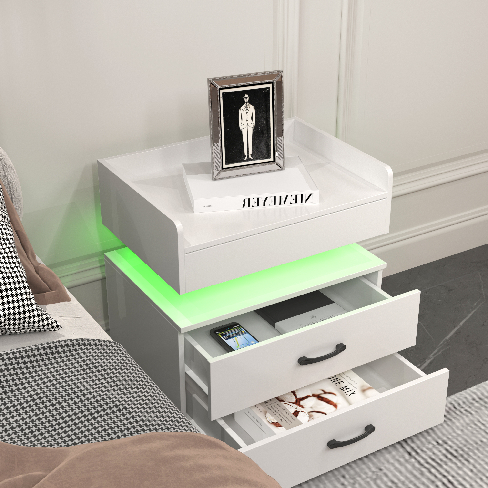 Mesa de noche con tira de luz LED ajustable, 2 cajones y amplio espacio de almacenamiento