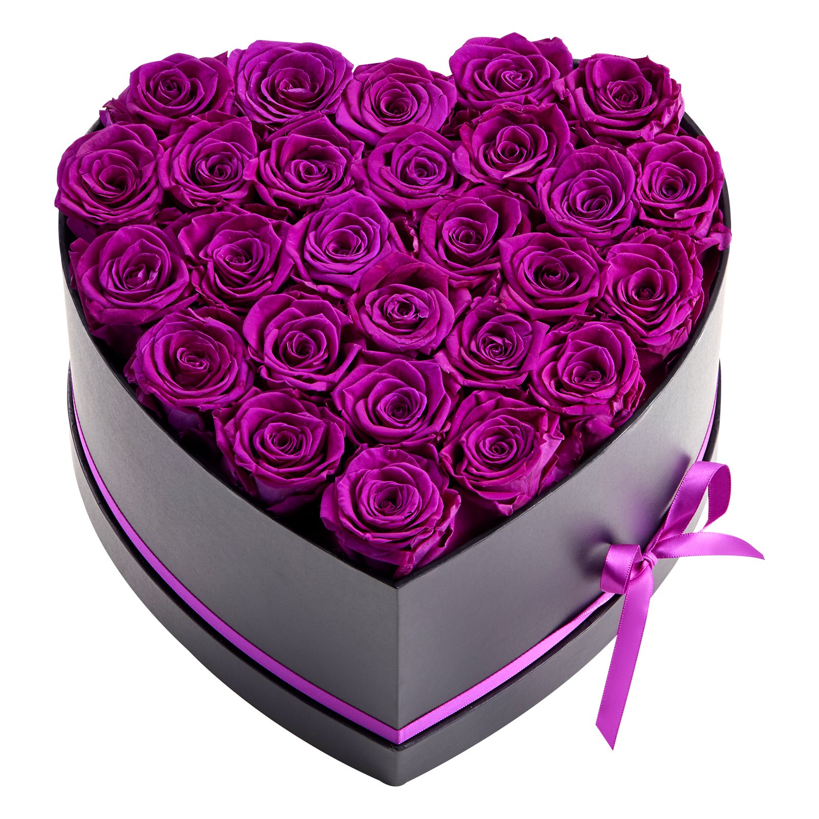 Rosas preservadas (27 unidades) en caja de corazón, flores eternas, morado