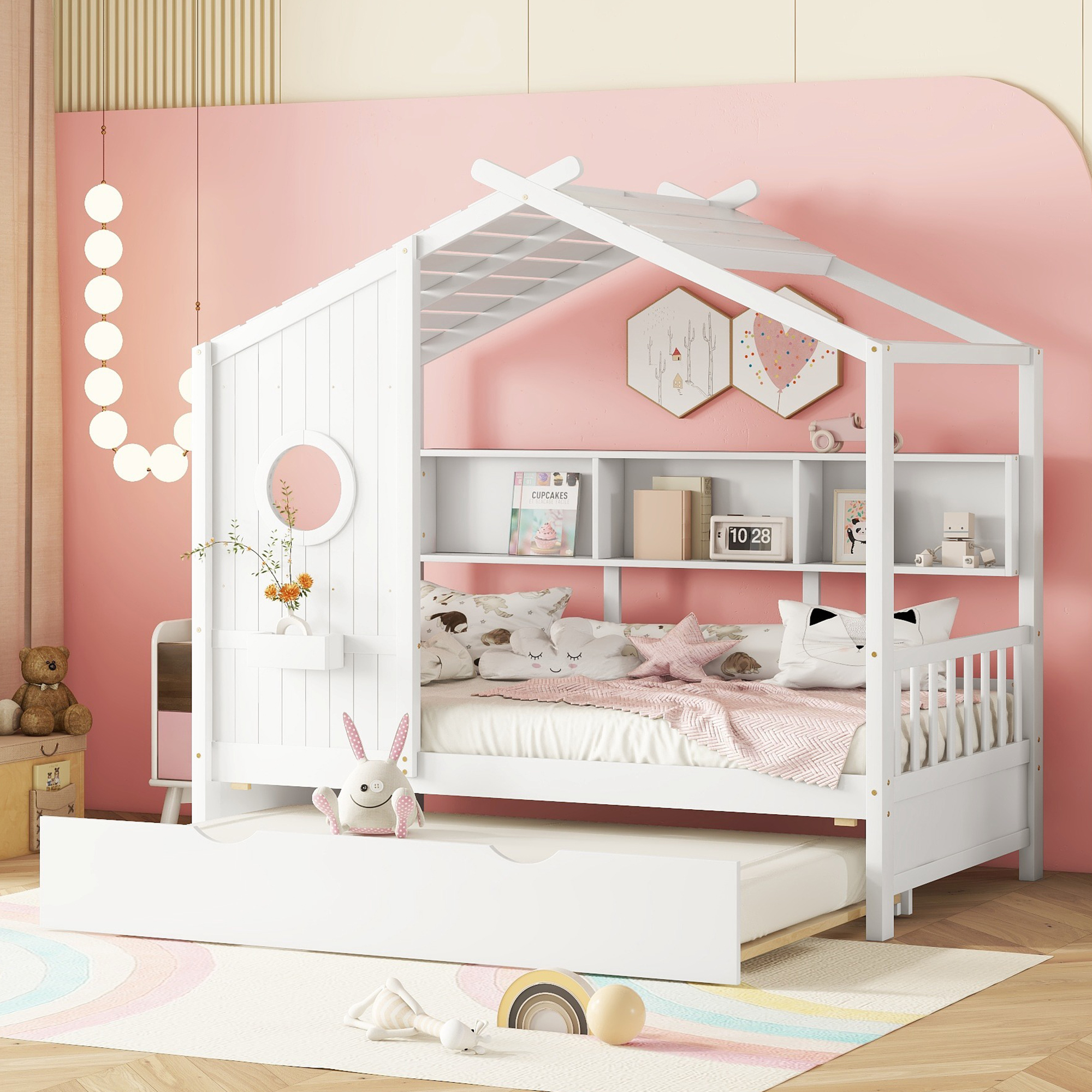 Cama de madera infantil tamaño Twin con nido, diseño moderno y estante, blanca.