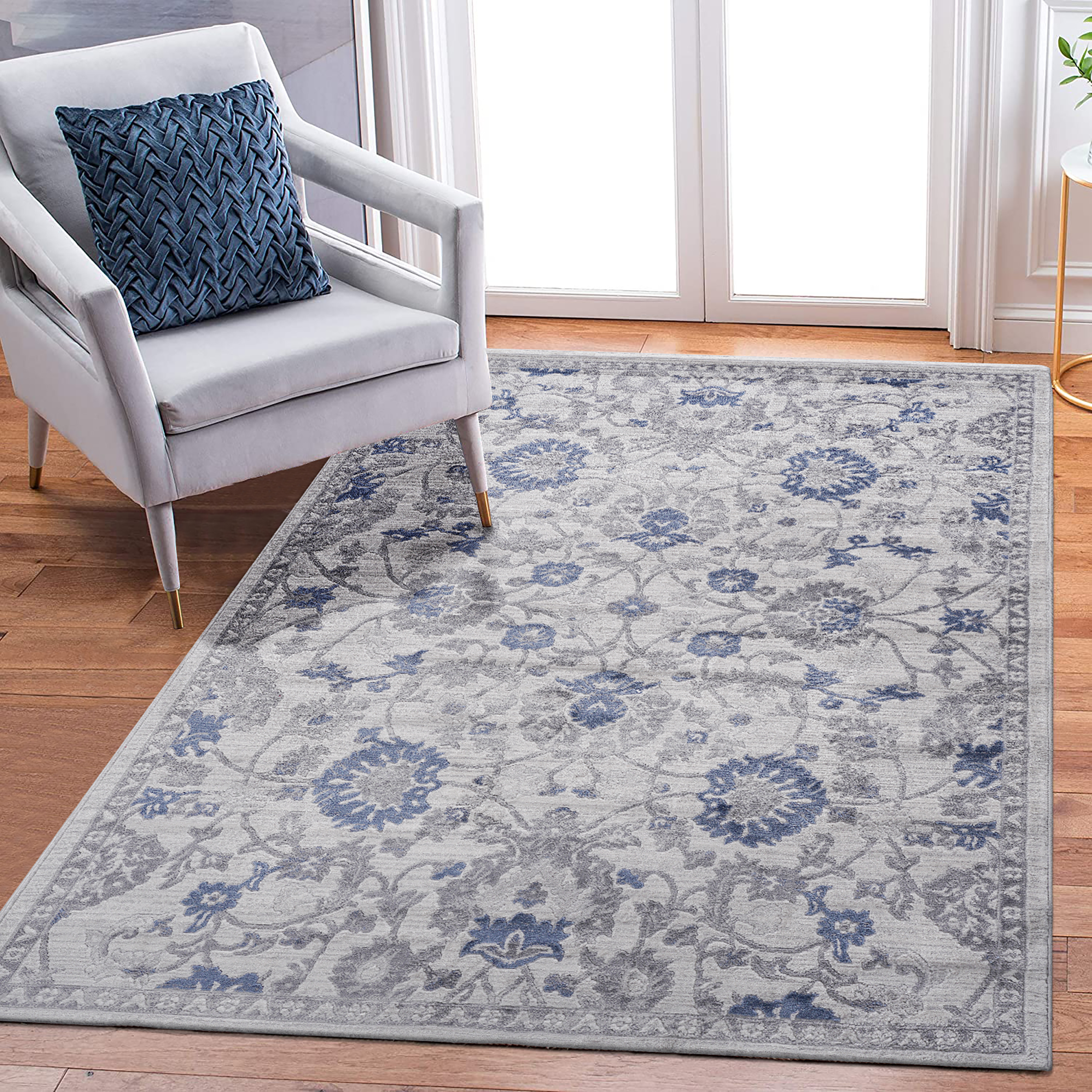 Alfombra oriental MARFI 6x9 pies, azul y plateada
