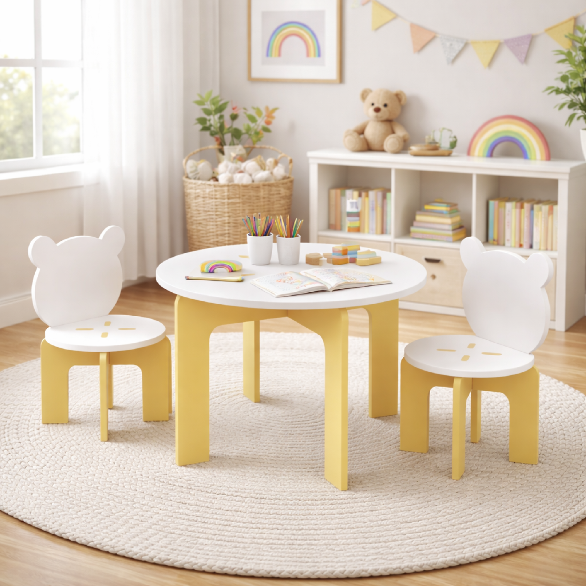 Juego de mesa y 2 sillas para niños, 3 piezas, de madera resistente, respaldo de oso