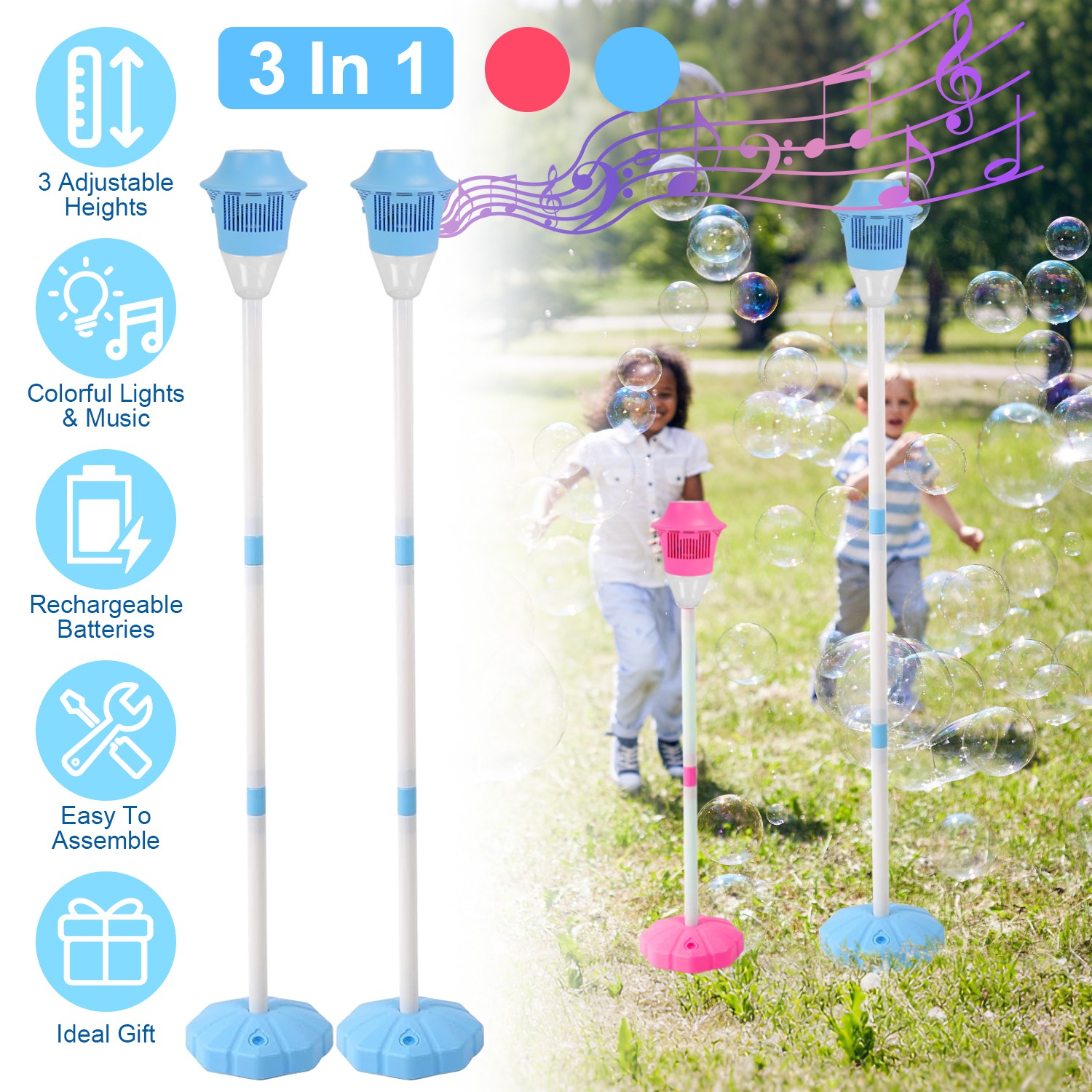 2Pack 3 In 1 Standing Bubble Machines With Colorful Lights And Music Rechargeable Bubble Maker Stands With 2 Modes 3 Adjustable Height For Party Wedding Indoor Outdoor Occasions Pets Kids