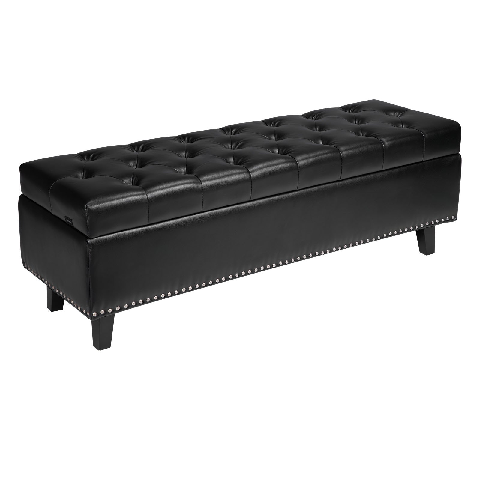 Banco otomano con almacenamiento y capitoné, cuero PU, patas de madera, negro