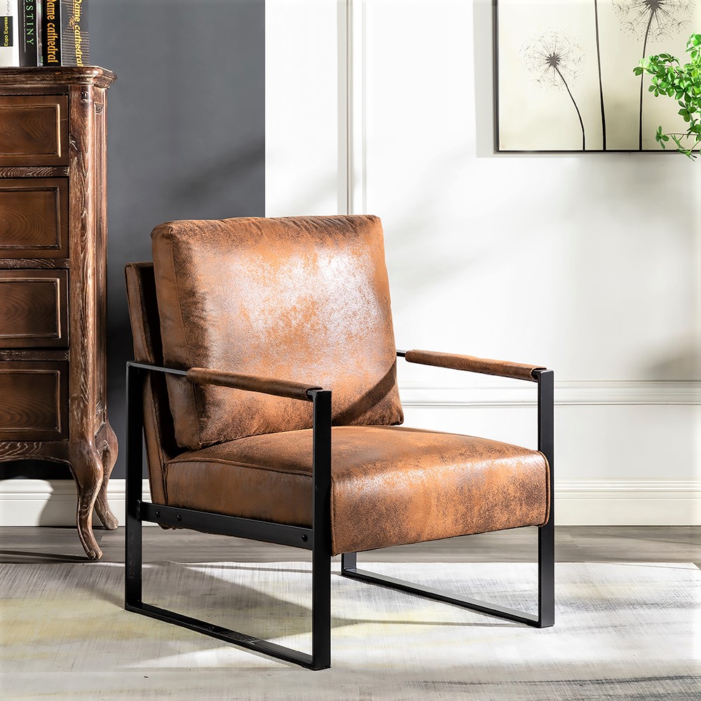 Sillón Clásico Moderno con Estructura de Metal, Tapizado en Microfibra Moteada, Amarillo Marrón