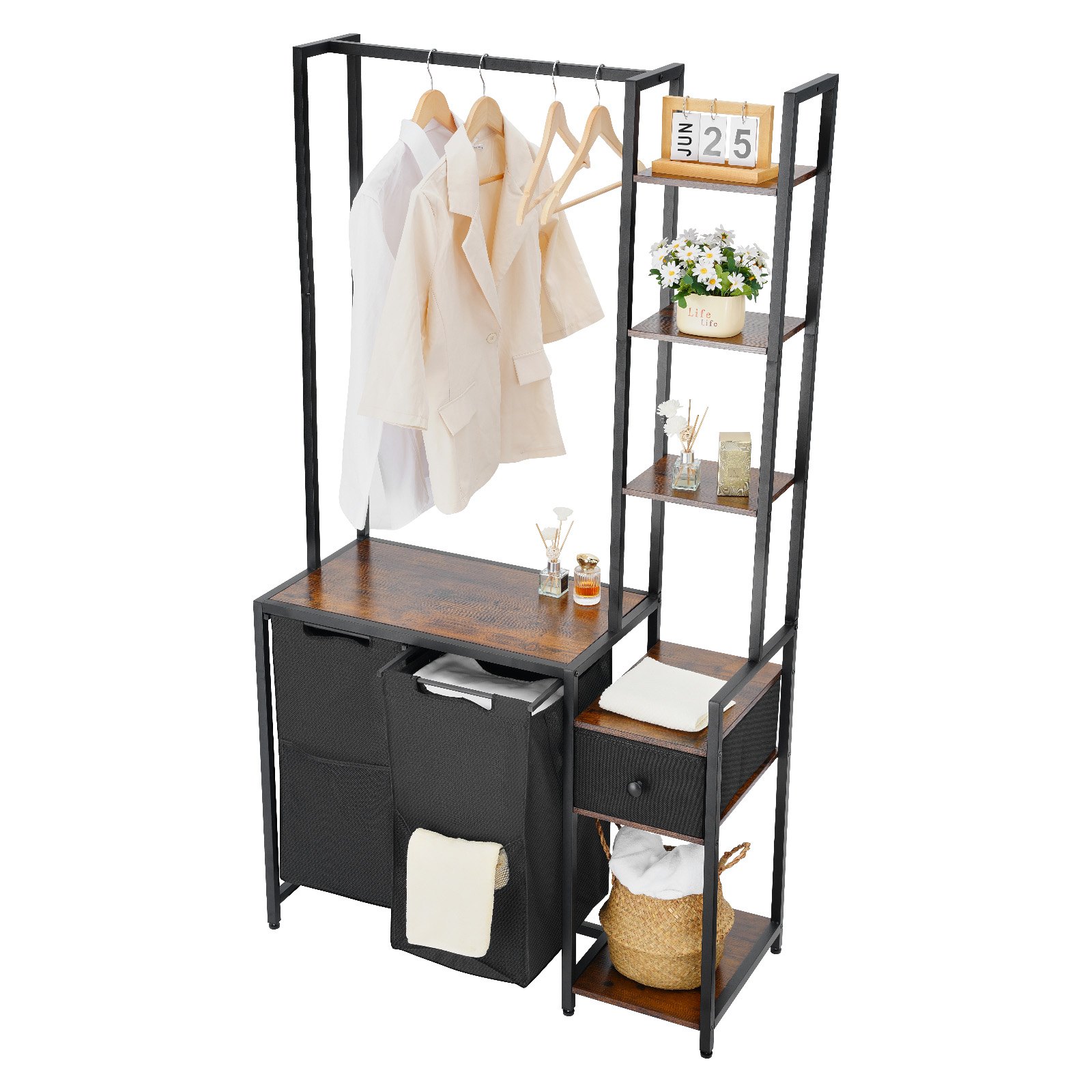 3 Tiers Laundry Sorter With Rack, Tall Laundry Hamper With Shelves And Drawers, 2 Section Freestanding Hanging Rack Storage With 600D Oxford Cloth Bags And Ladder Shelves For Dirty Clothes