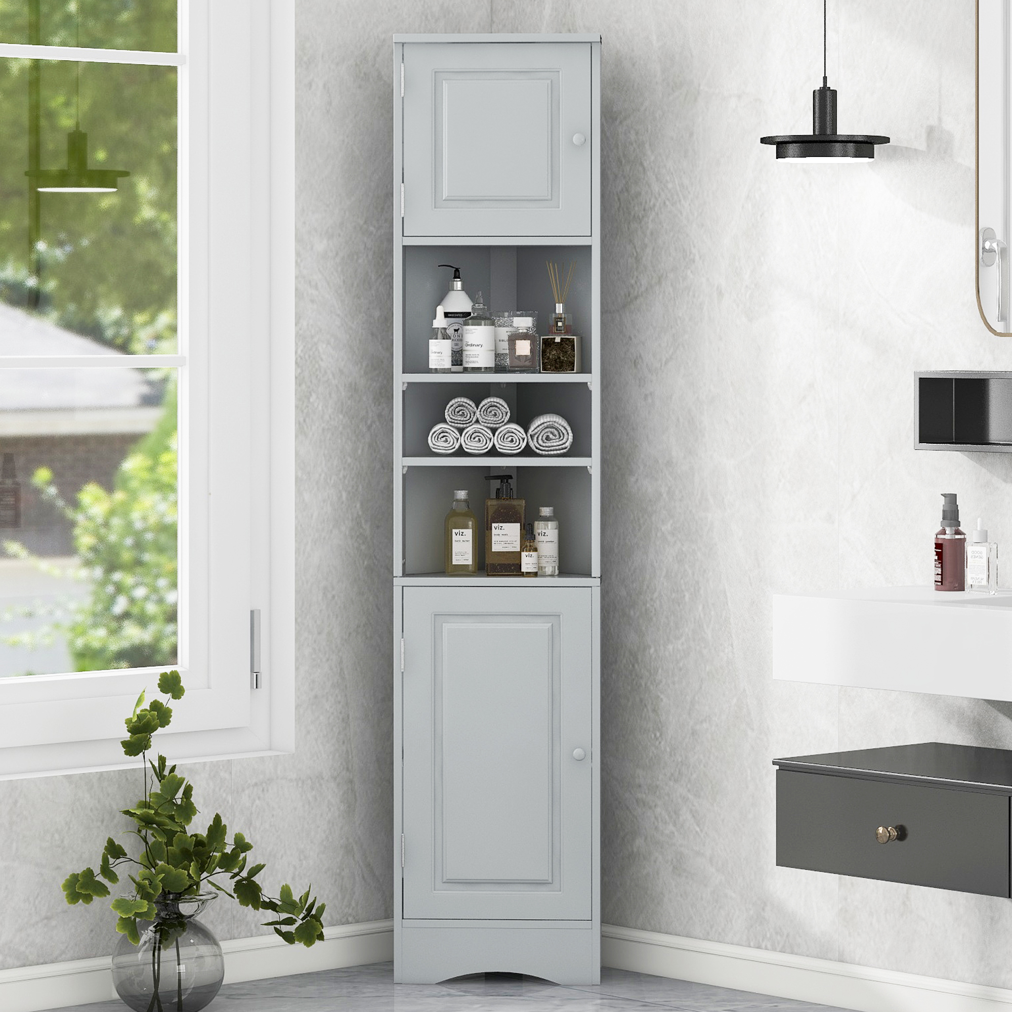 Gabinete esquinero multifuncional alto, 2 puertas, estantes ajustables, gris