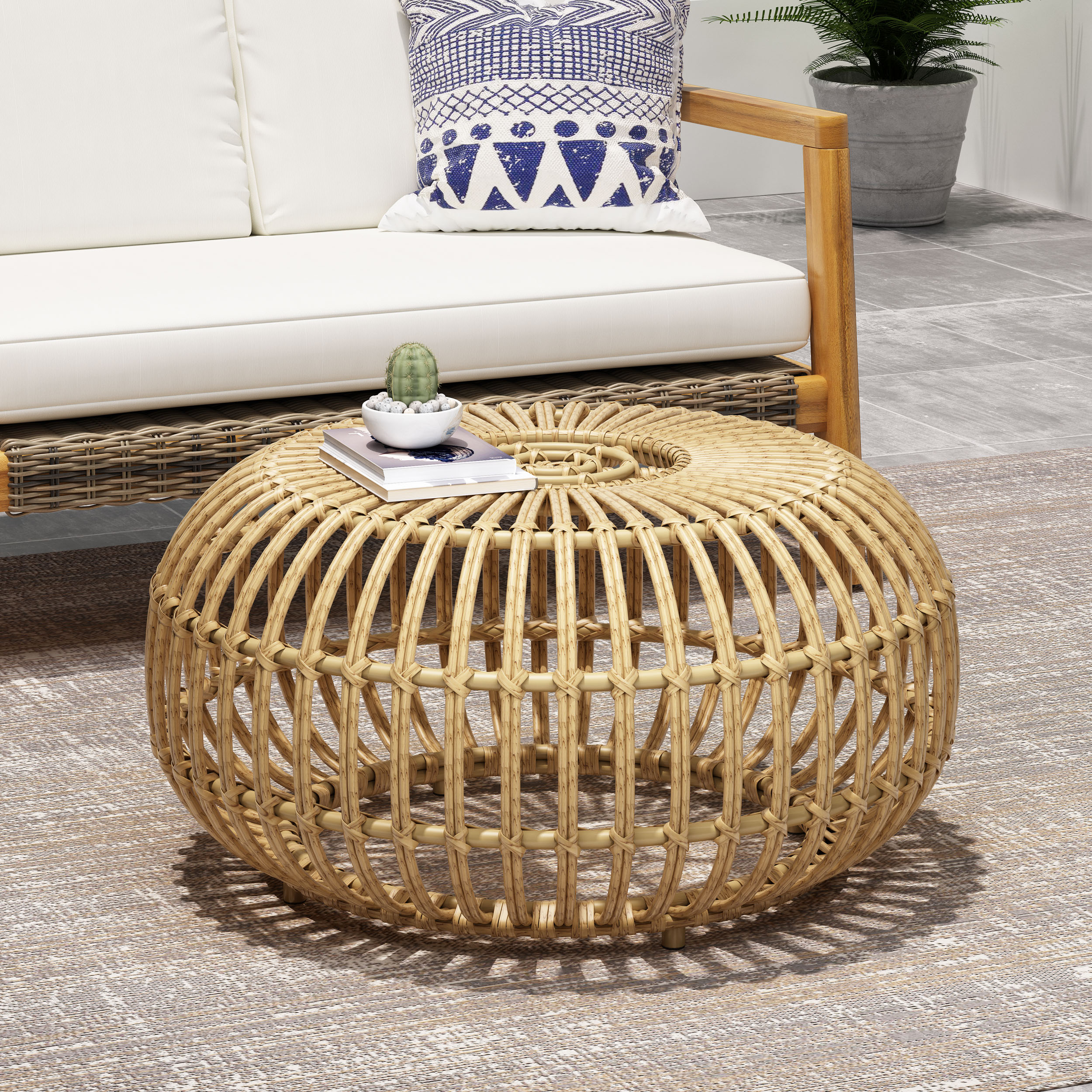 OTTAWA Coffee Table-Bohemian Faux Rattan Weave Accent Table For Indoor Outdoor Use, Handcrafted Round Side Table For Living Room, Patio, Garden,Light Brown Color