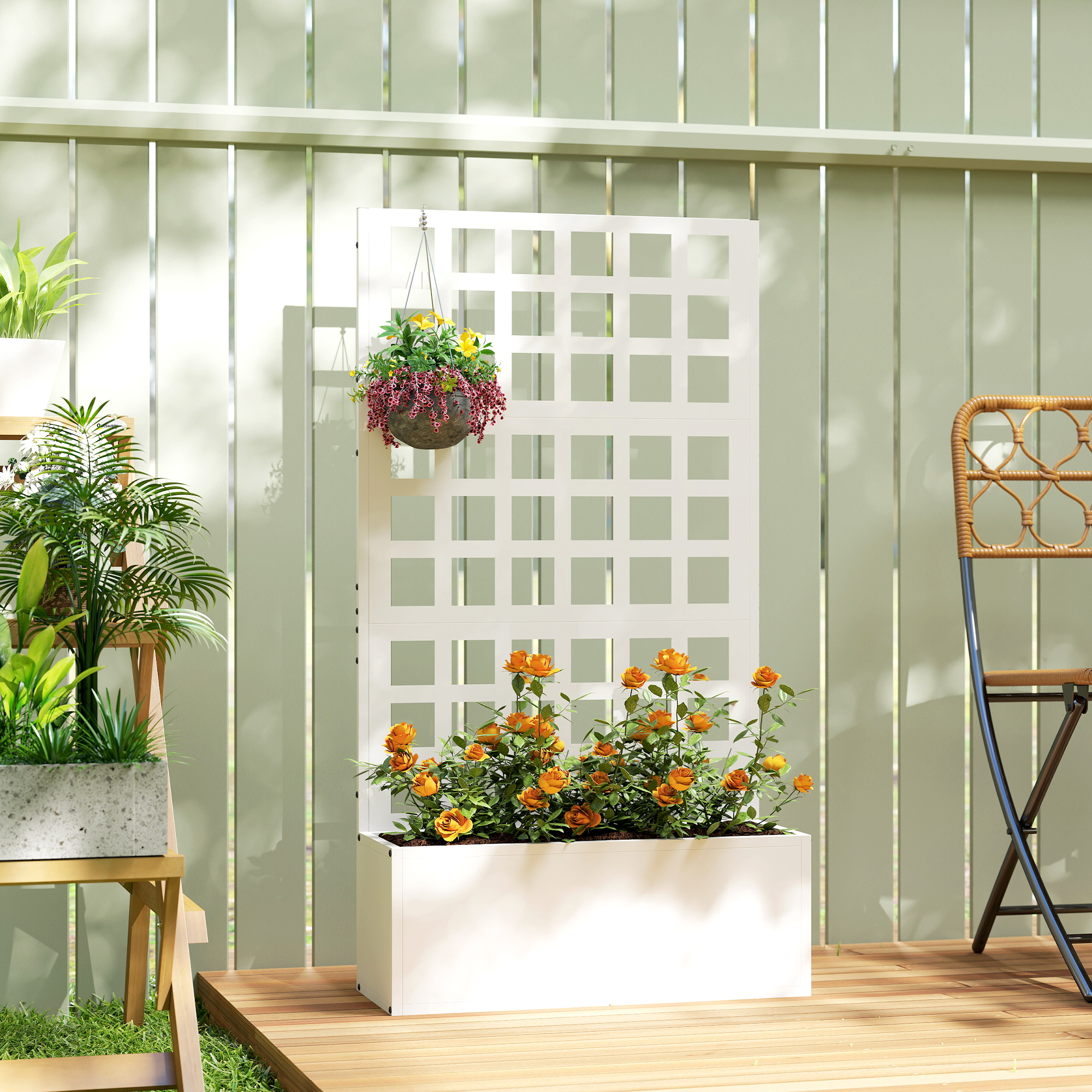 Jardinera elevada galvanizada con enrejado, 24x9x44.5 pulgadas, blanca