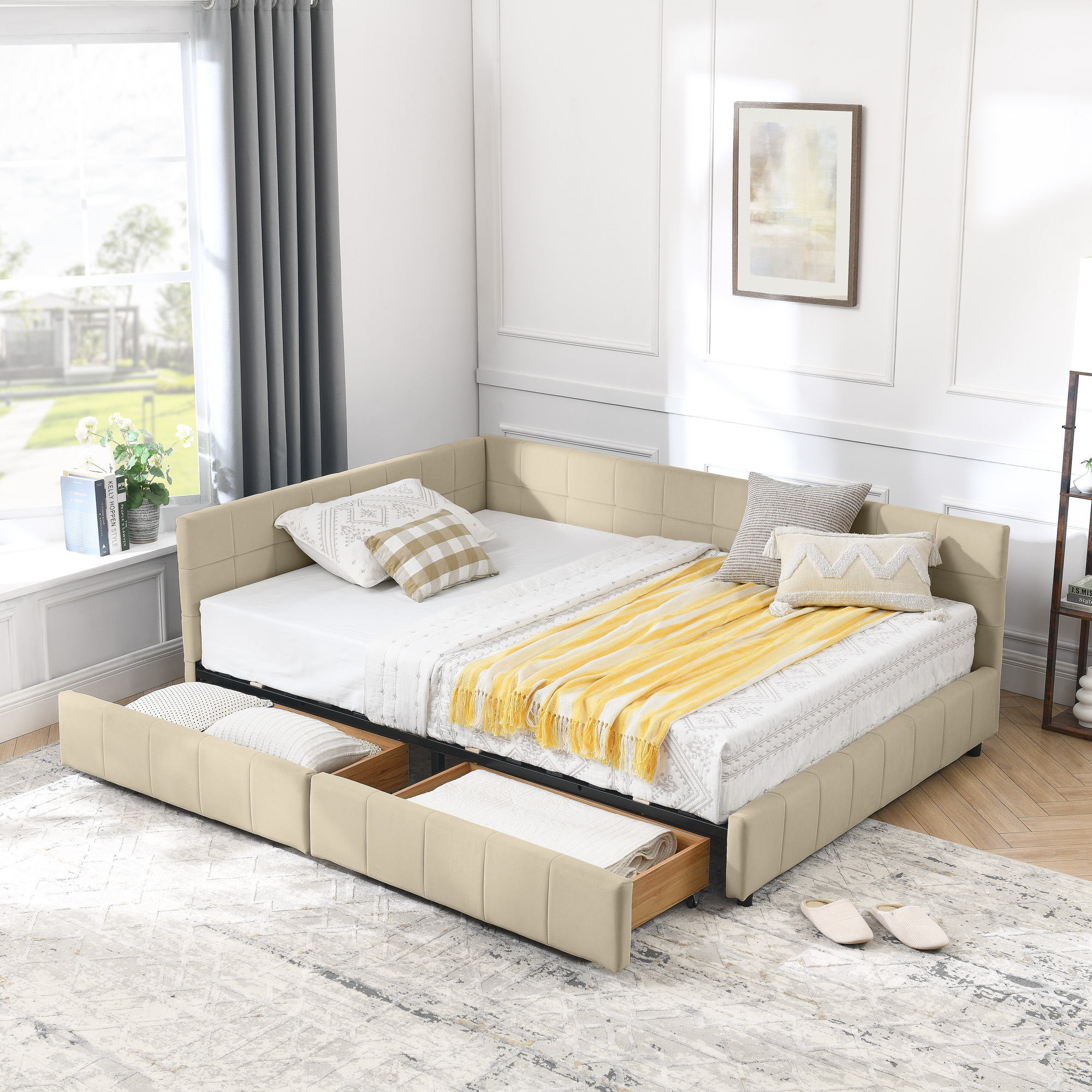 Full Size Storage Upholstered Tufted Bed Frame, Sofa Bed Frame With Comfortable Backrest And Armrests, Full Size Bed For Bedroom, Living Room,Velvet, BEIGE 80.5x59x29.5