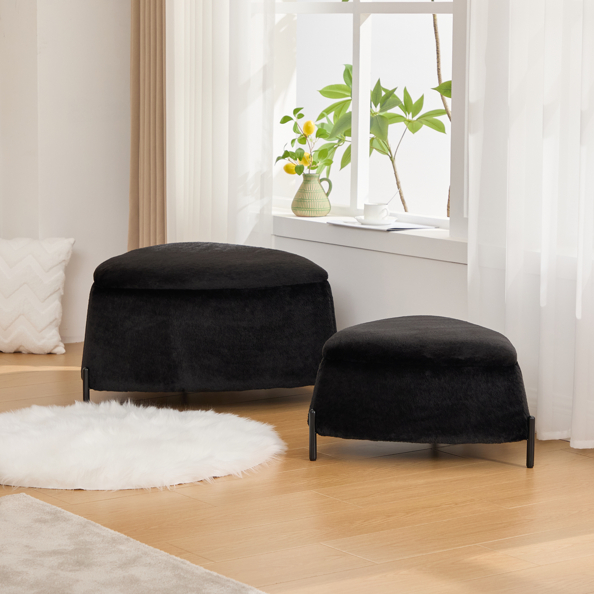 29.9"Wide 2 - Piece Upholstered Storage Ottoman Set Footrest Shoe Changing Stool with Metal Legs,Faux Fur Foot Stool Coffee Side Table With Reversible Lid for Living Room Bedroom Entryway. Black