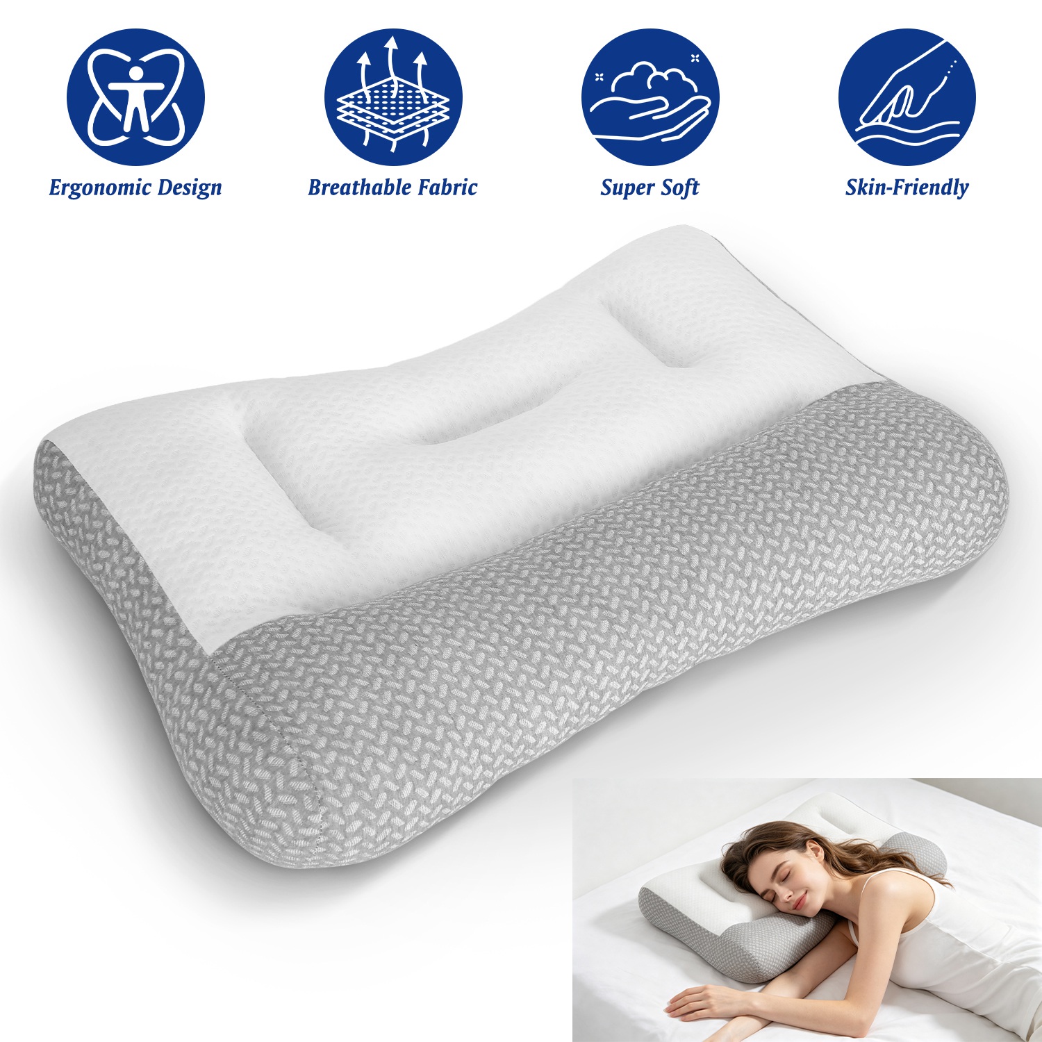 Almohada ergonómica de malla transpirable con doble altura para soporte de cuello