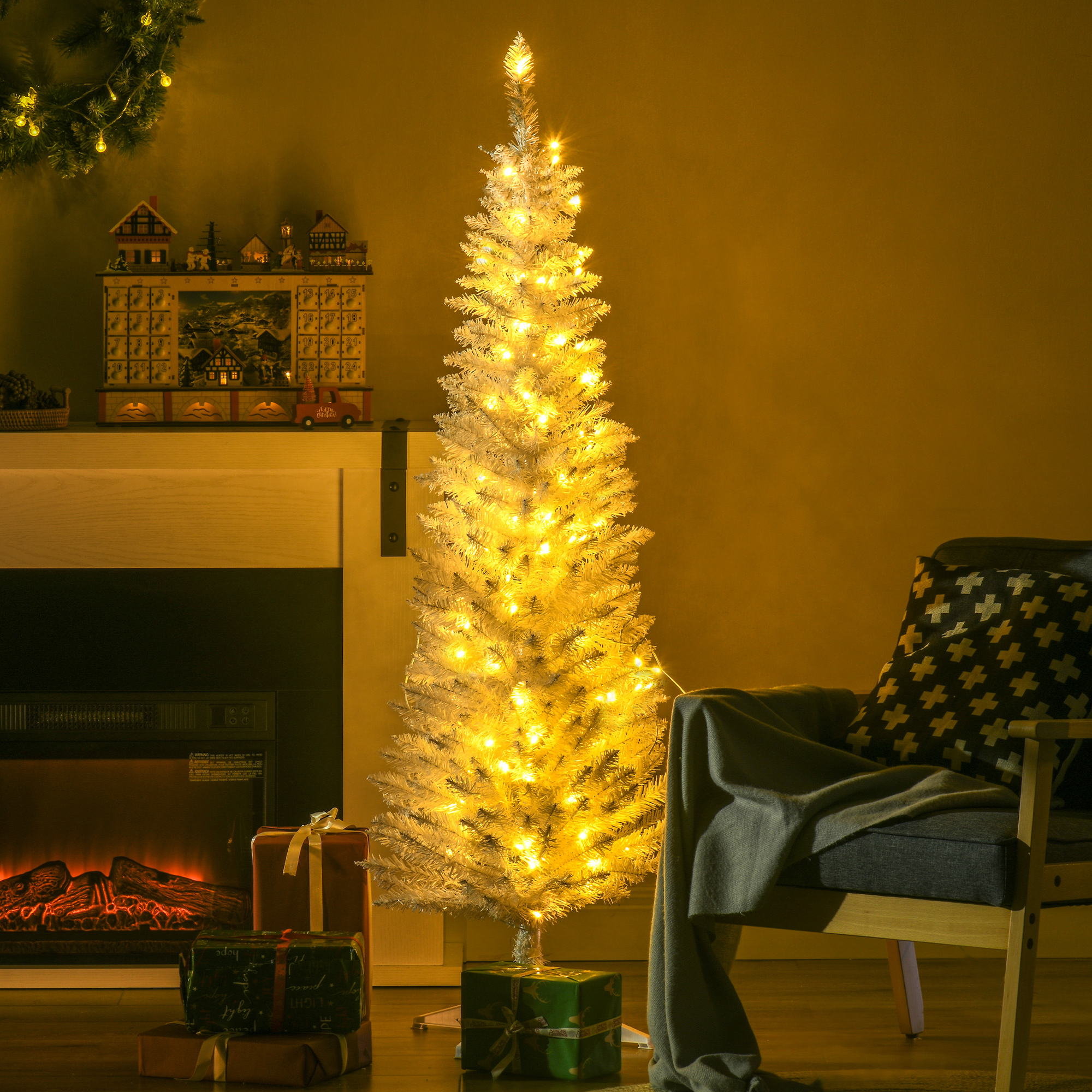 Árbol de Navidad artificial tipo lápiz de 5 pies, blanco, con luces LED blanco cálido