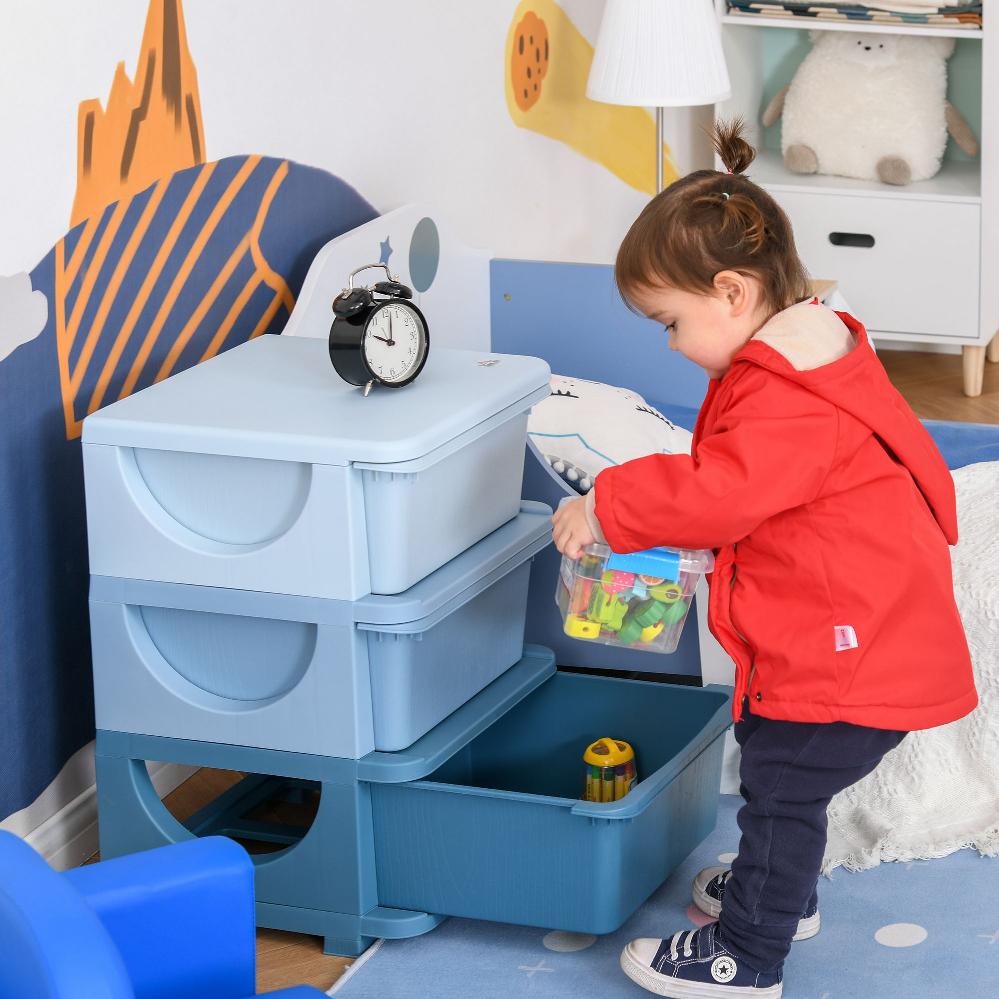 Unidad de almacenamiento infantil de 3 niveles con 3 cajones, azul