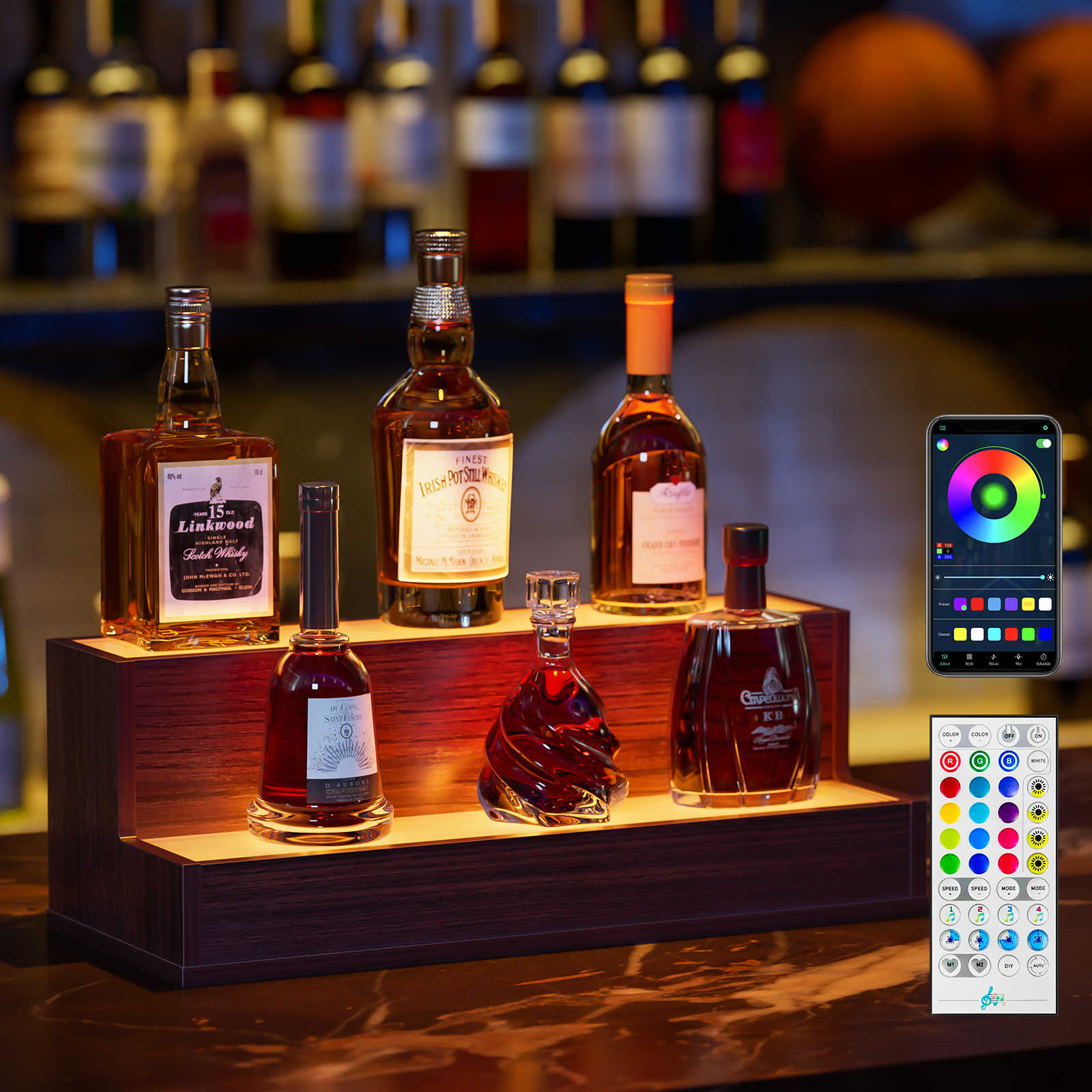 Estante exhibidor de botellas LED de 20 pulgadas, 2 niveles, con app y control remoto