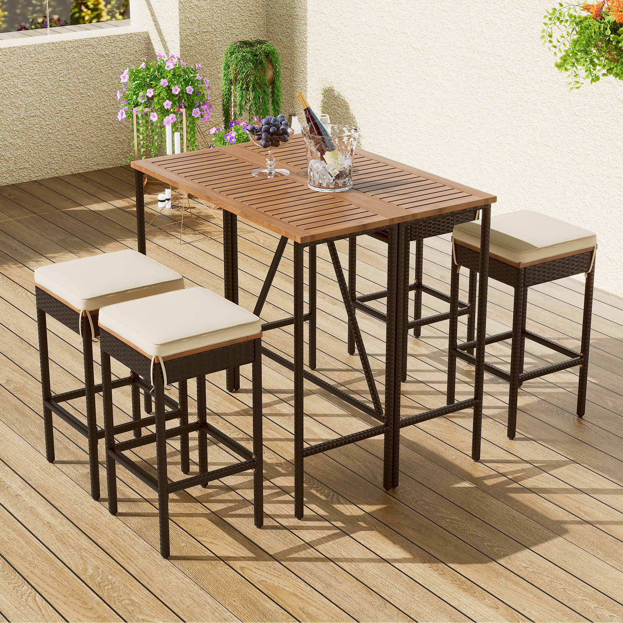 Juego de bar GO de 5 piezas para exterior, mesa de acacia y 4 taburetes, marrón