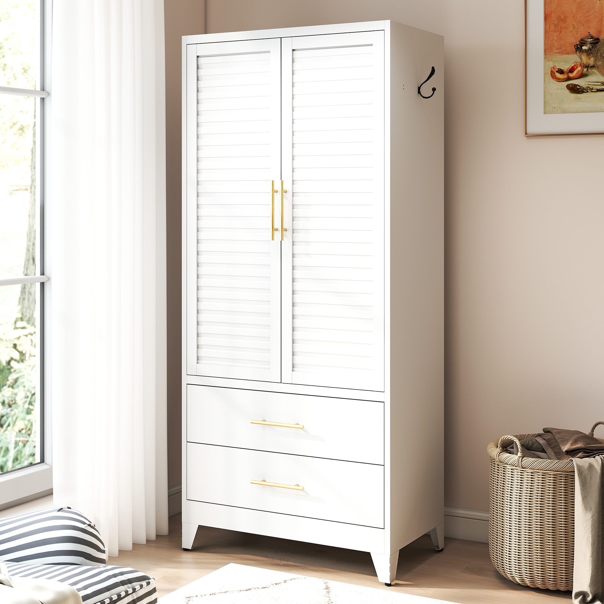 White Metal Wardrobe Closet With 2 Doors And Drawers, 71inTall Storage Cabinet For Bedroom, Lightweight Portable Closet For Small Apartments, Dorm, Renters, Cold Rolled Steel, Easy Assembly