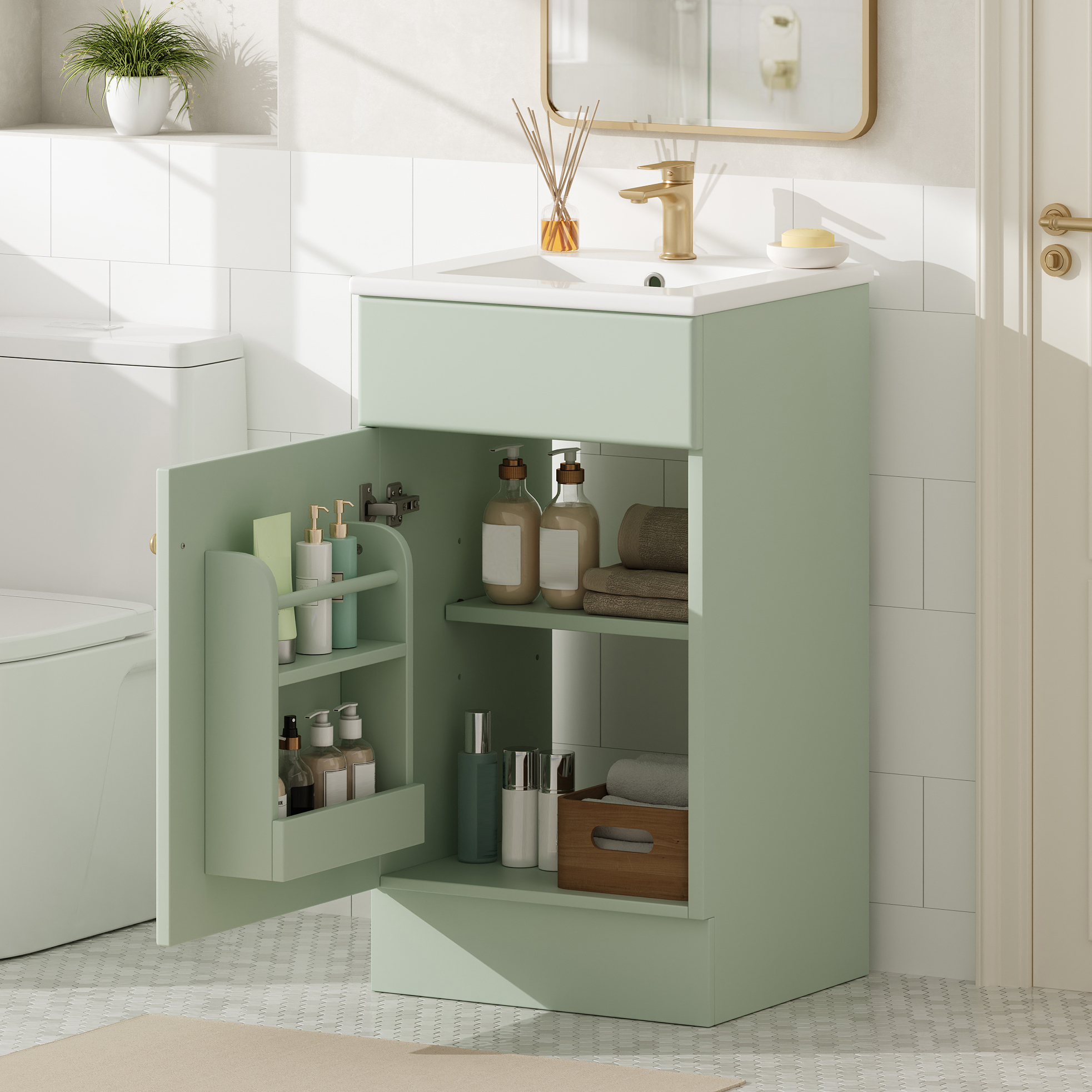 Video 18  Bathroom Vanity With Sink, Vanity Cabinet With Door Shelf And Adjustable Shelf, Light Green