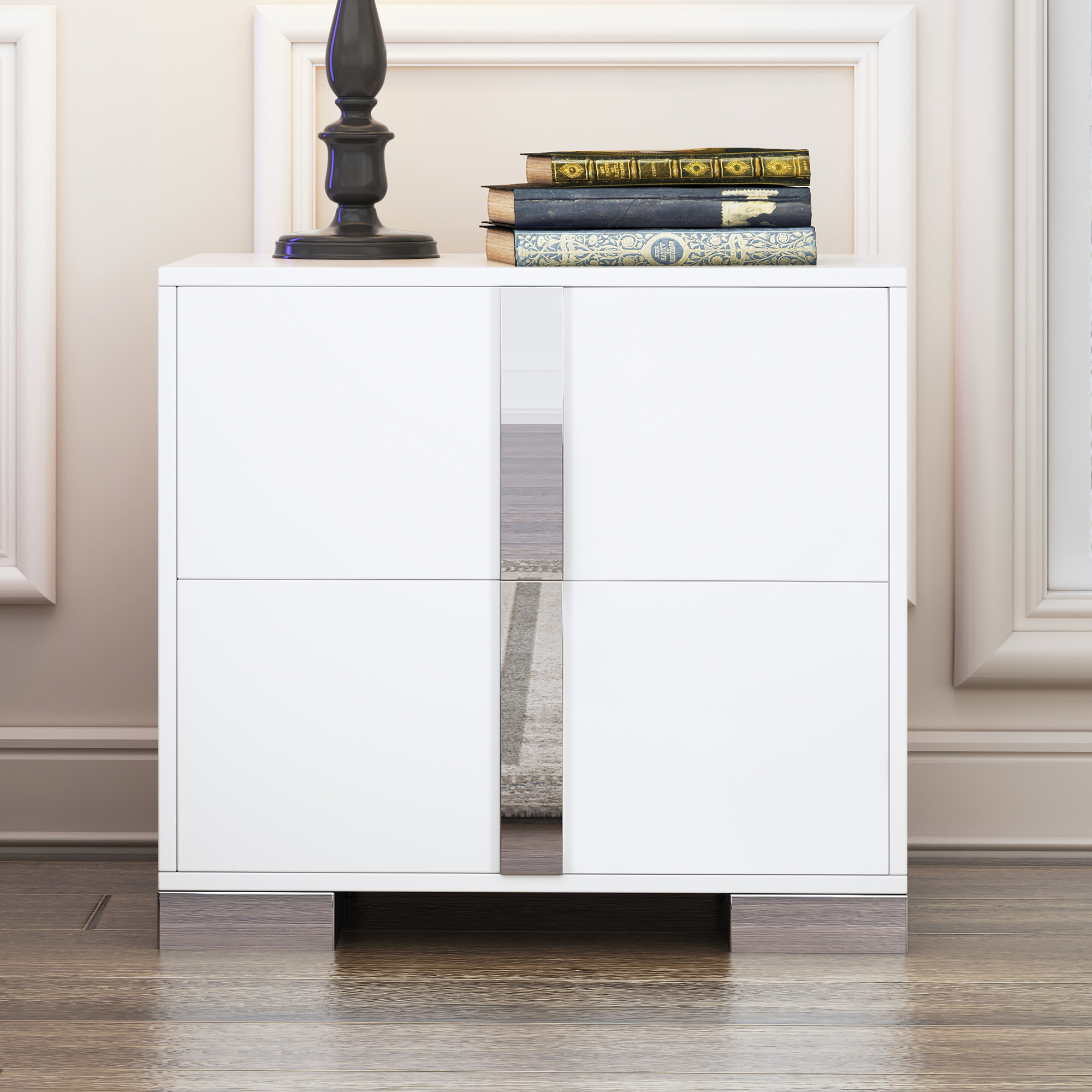 Elegant Nightstand With Metal Foot, Mirrored Bedside Table With 2 Drawers For Bedroom, Living Room, White