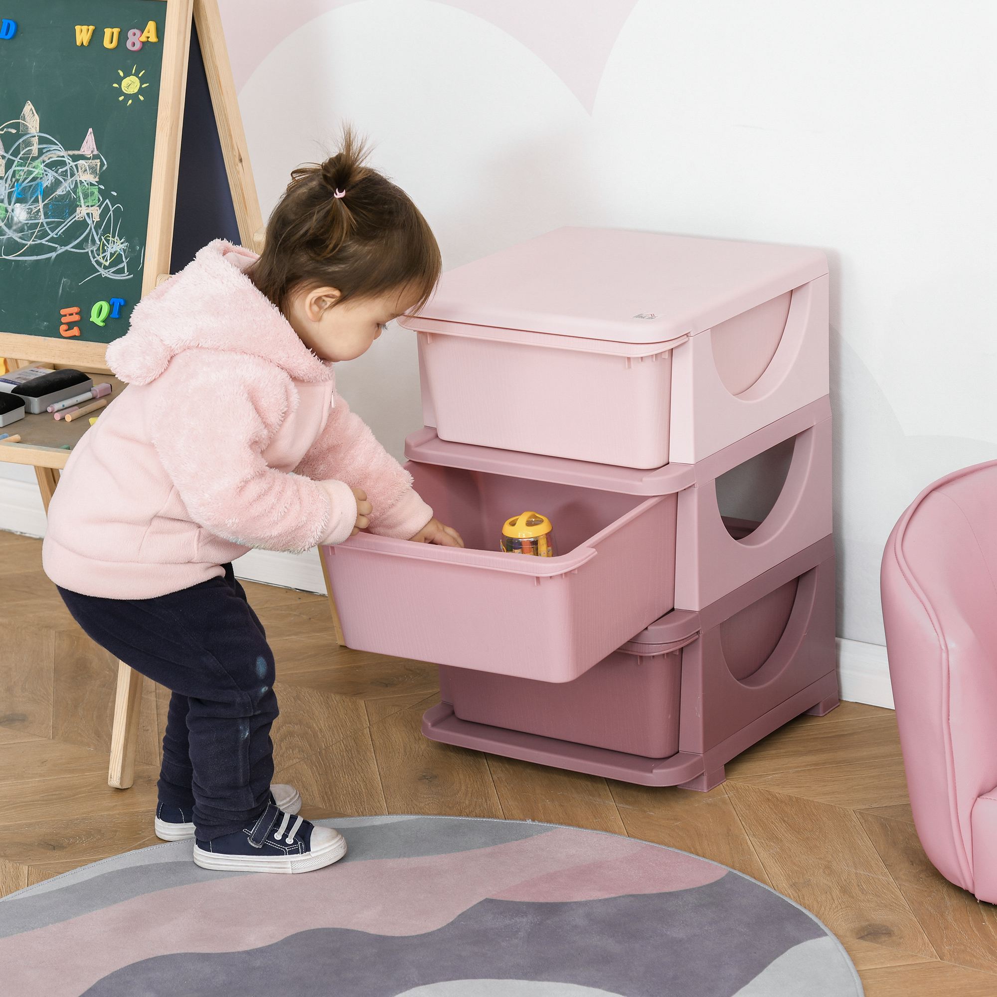 Unidad de almacenamiento infantil de 3 niveles, 3 cajones, organizador de juguetes, rosa