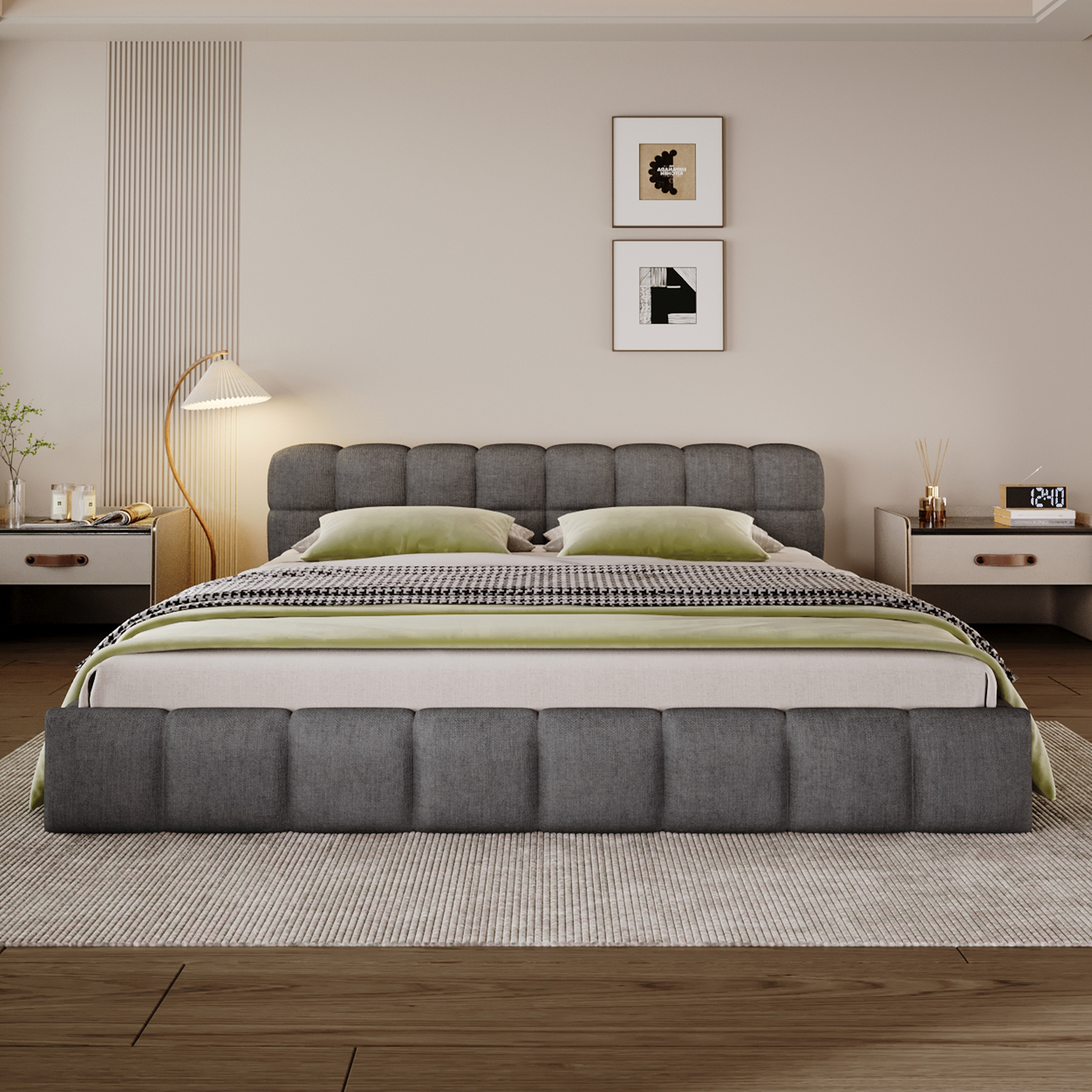 Elegant Chenille Upholstered Bed With Checkerboard Design, Queen, Grey