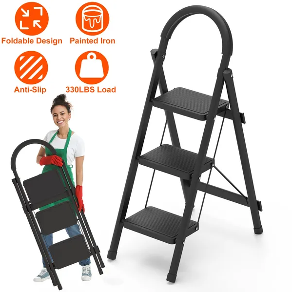 Escalera plegable de 3 peldaños, 330 libras, acero resistente, antideslizante