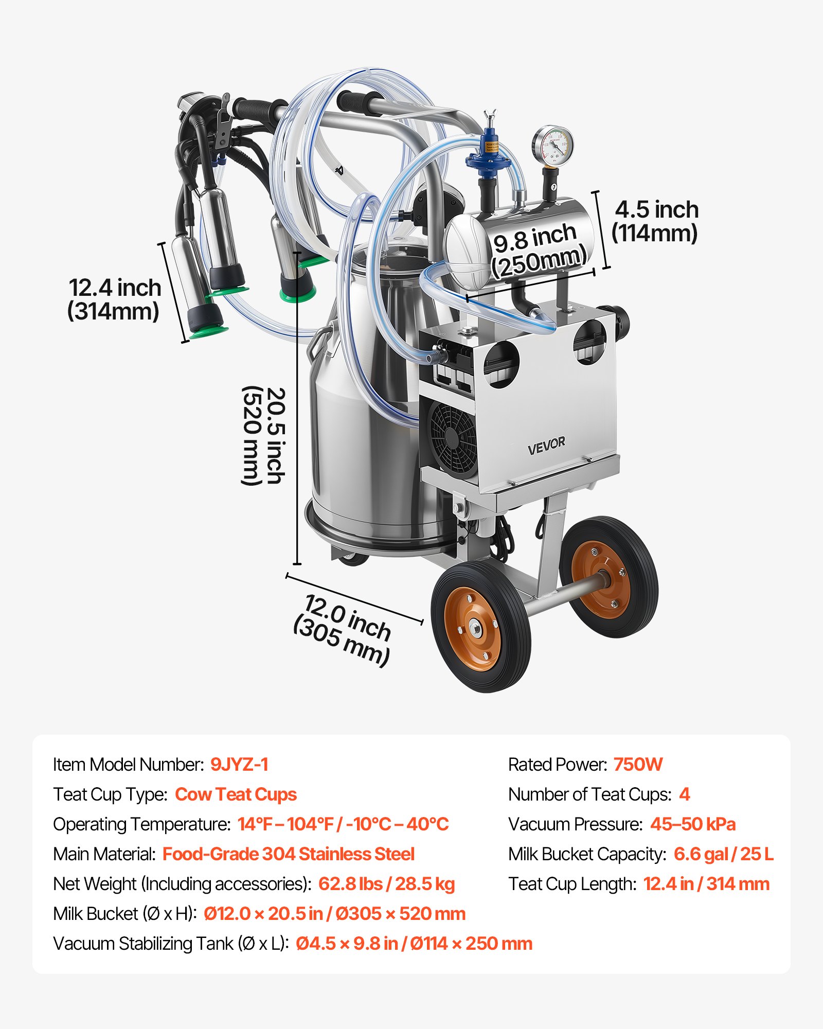 Electric Cow Milking Machine, 6.6 Gal / 25 L 304 Stainless Steel Bucket, Food-Grade Teat Cups And Silicone Hose, Strong Suction, Vacuum Pulsation, Electric Milker Machine With Wheels For Cow