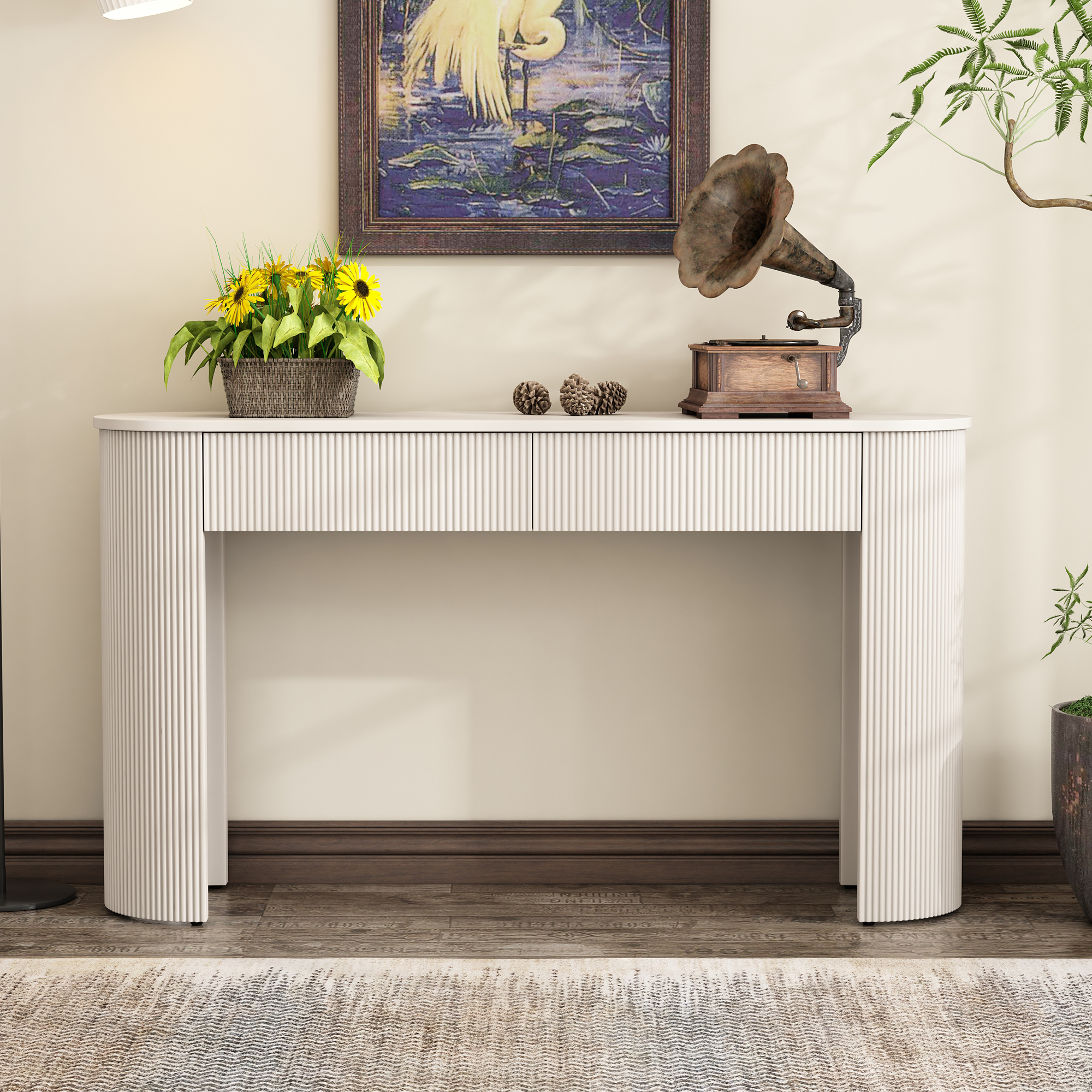 Mesa de entrada TREXM con diseño estriado, cubierta ovalada y 2 cajones blanco champán