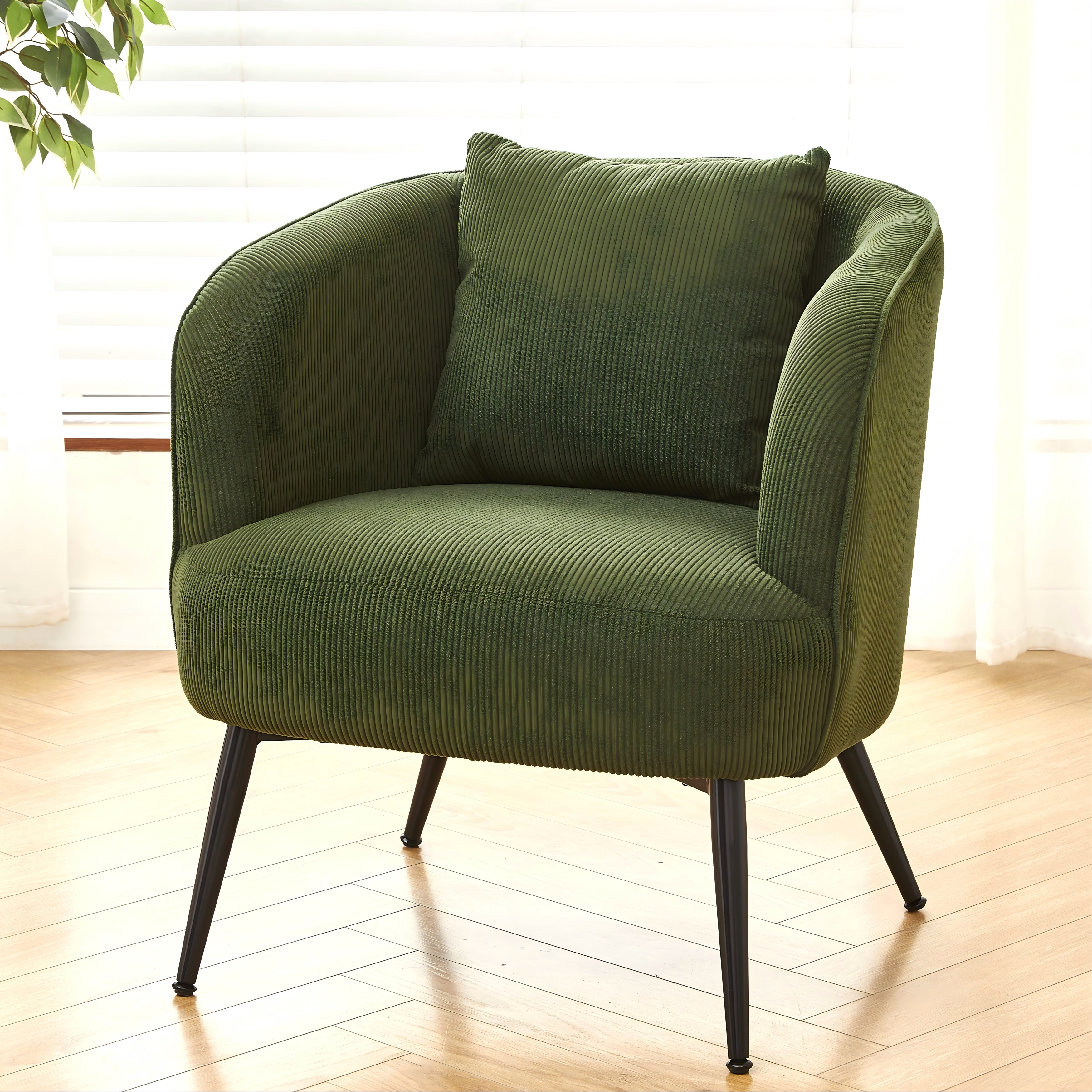 Velvet Accent Chair With Pillow, Modern Upholstered Armchair With Metal Legs, Comfy Barrel Chair For Living Room Bedroom