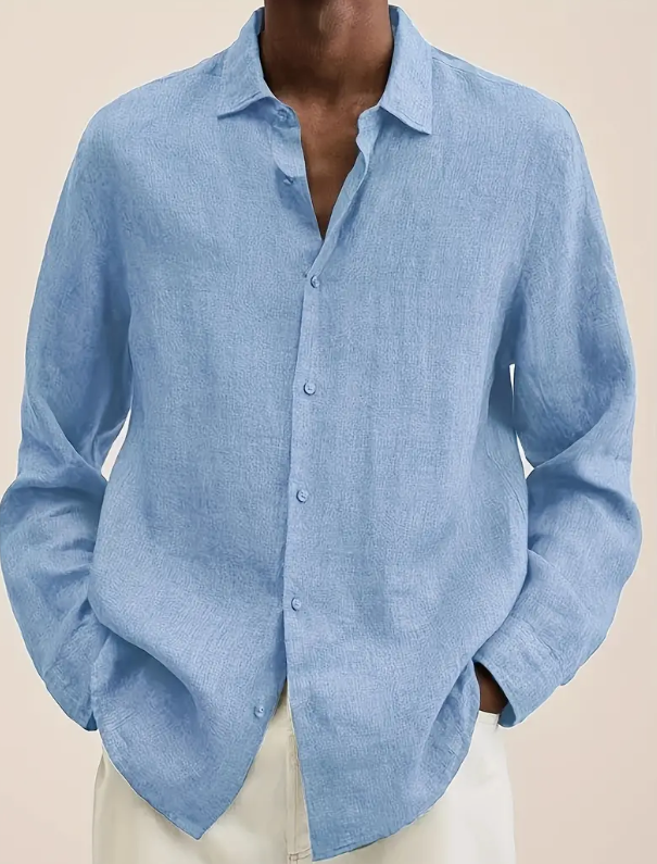 Camisa casual de manga larga con cuello mao, color sólido para hombre