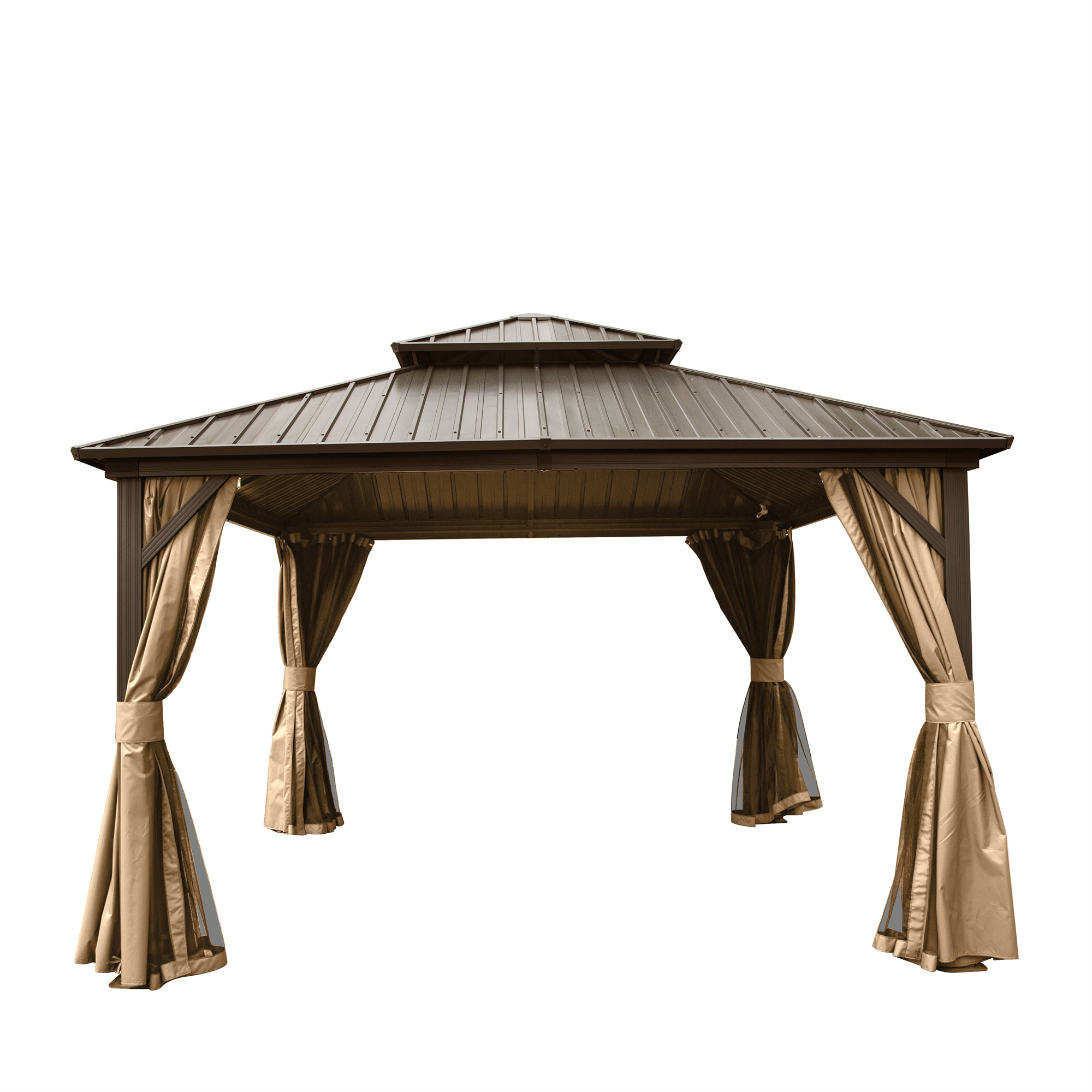 12  X 12  Hardtop Gazebo, Aluminum Metal Gazebo With Galvanized Steel Double Roof Canopy, Curtain And Netting, Permanent Gazebo Pavilion For Party, Wedding, Outdoor Dining, Brown
