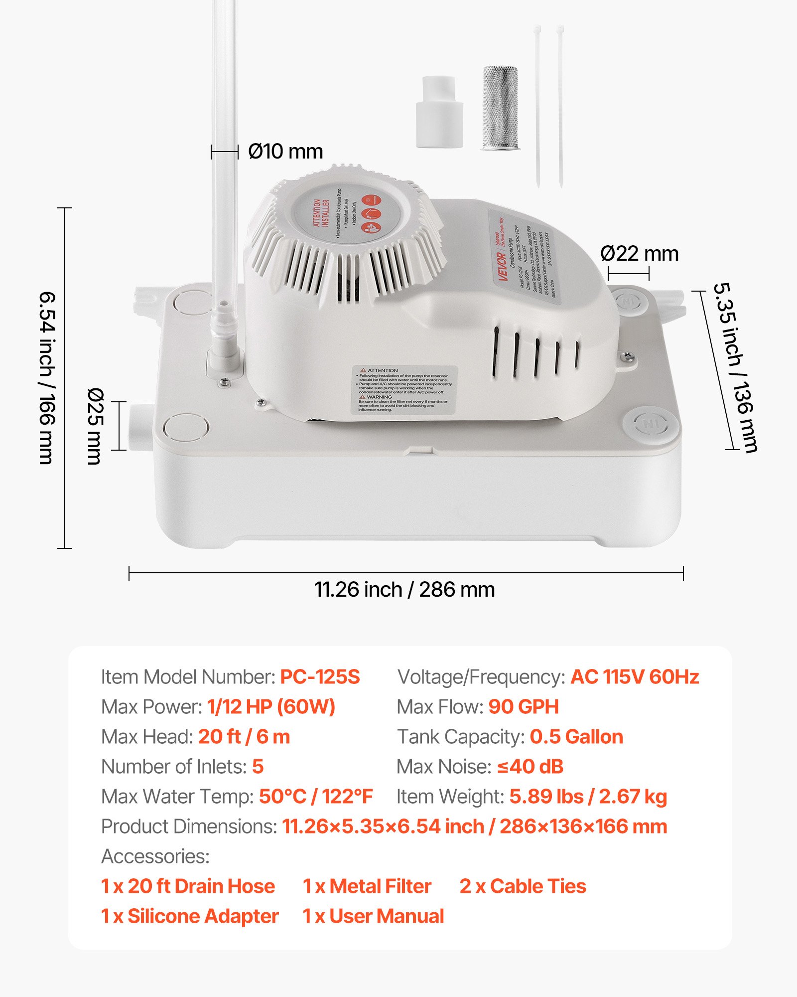 Condensate Pump, 1/12 HP, 90 GPH, 20 Ft Lift, 115V Automatic AC Condensation Removal Pump With Safety Switch 20 Ft Tubing, For Air Conditioner, Dehumidifier, HVAC, Furnace, Ice Maker Water Drain