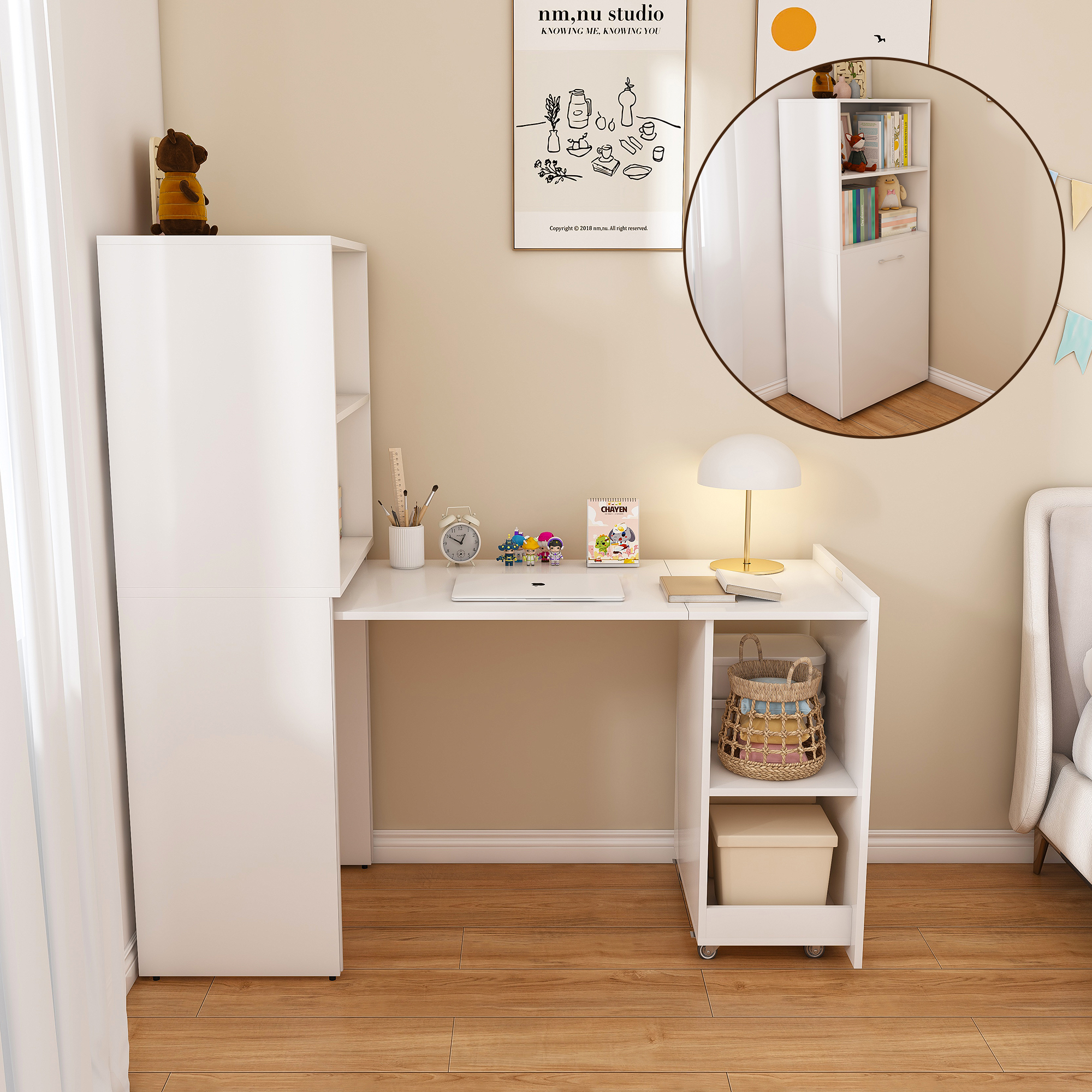 Stretchable Desk  Office Desk With Storage Shelves And Mobile Wheels  Foldable Desk Suitable For Small Apartments And Offices  White