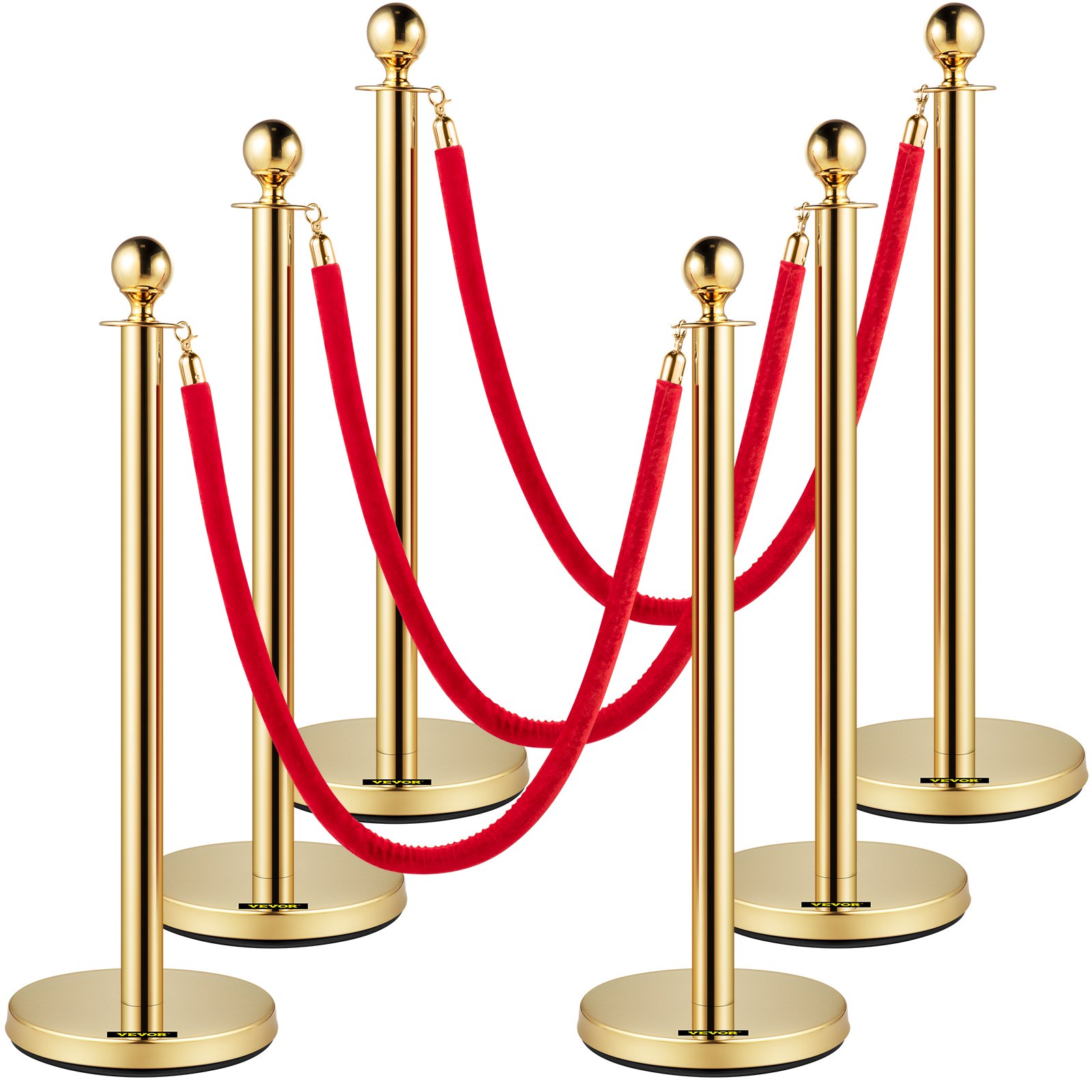 Velvet Ropes And Posts, 5 Ft/1.5 M Red Rope, Stainless Steel Gold Stanchion With Ball Top, Red Crowd Control Barrier Used For Theaters, Party, Wedding, Exhibition, Ticket Offices Pack Sets (6)