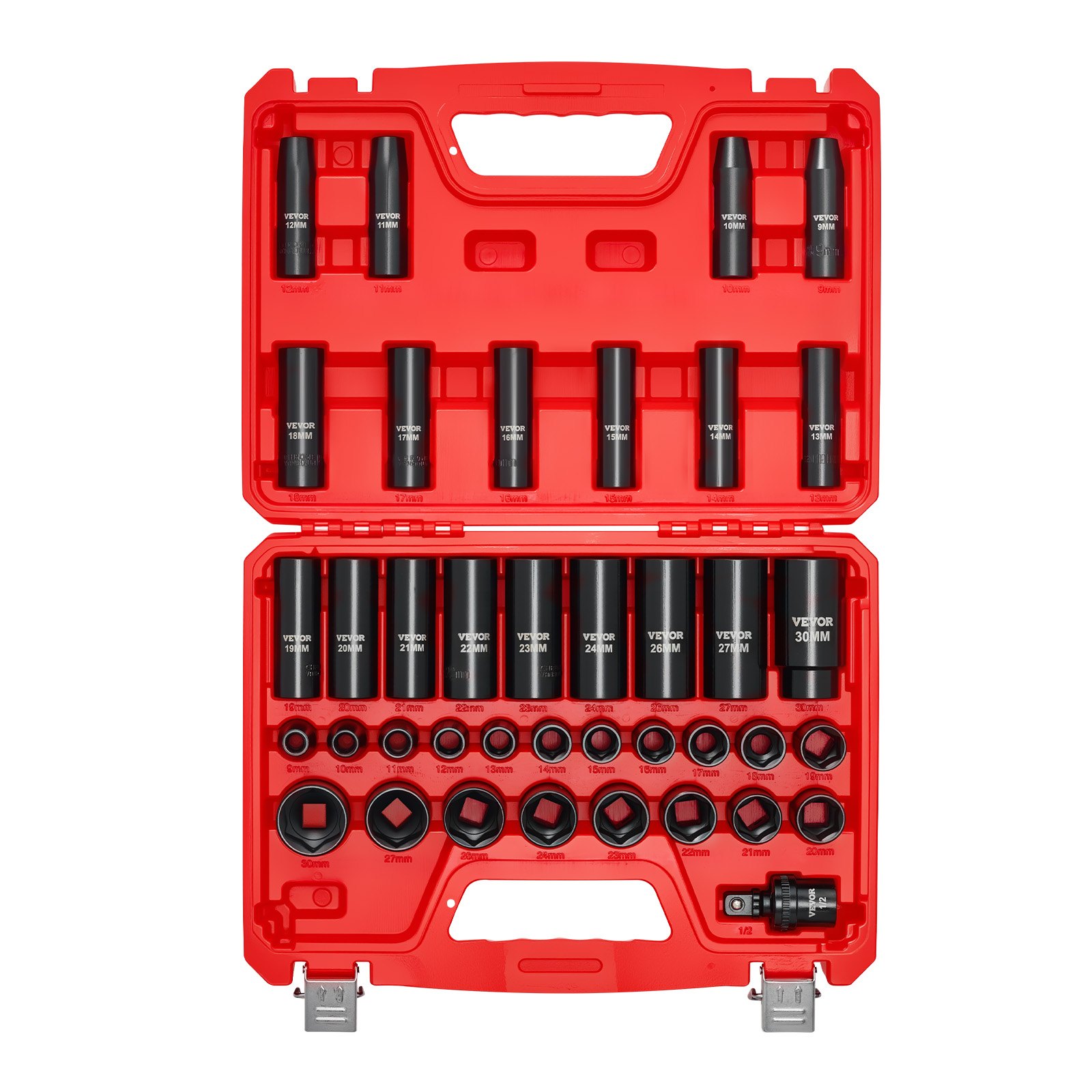 Juego de dados de impacto, 1/2 pulgada, 39 piezas, métricos 9-30 mm, Cr-V, con estuche.