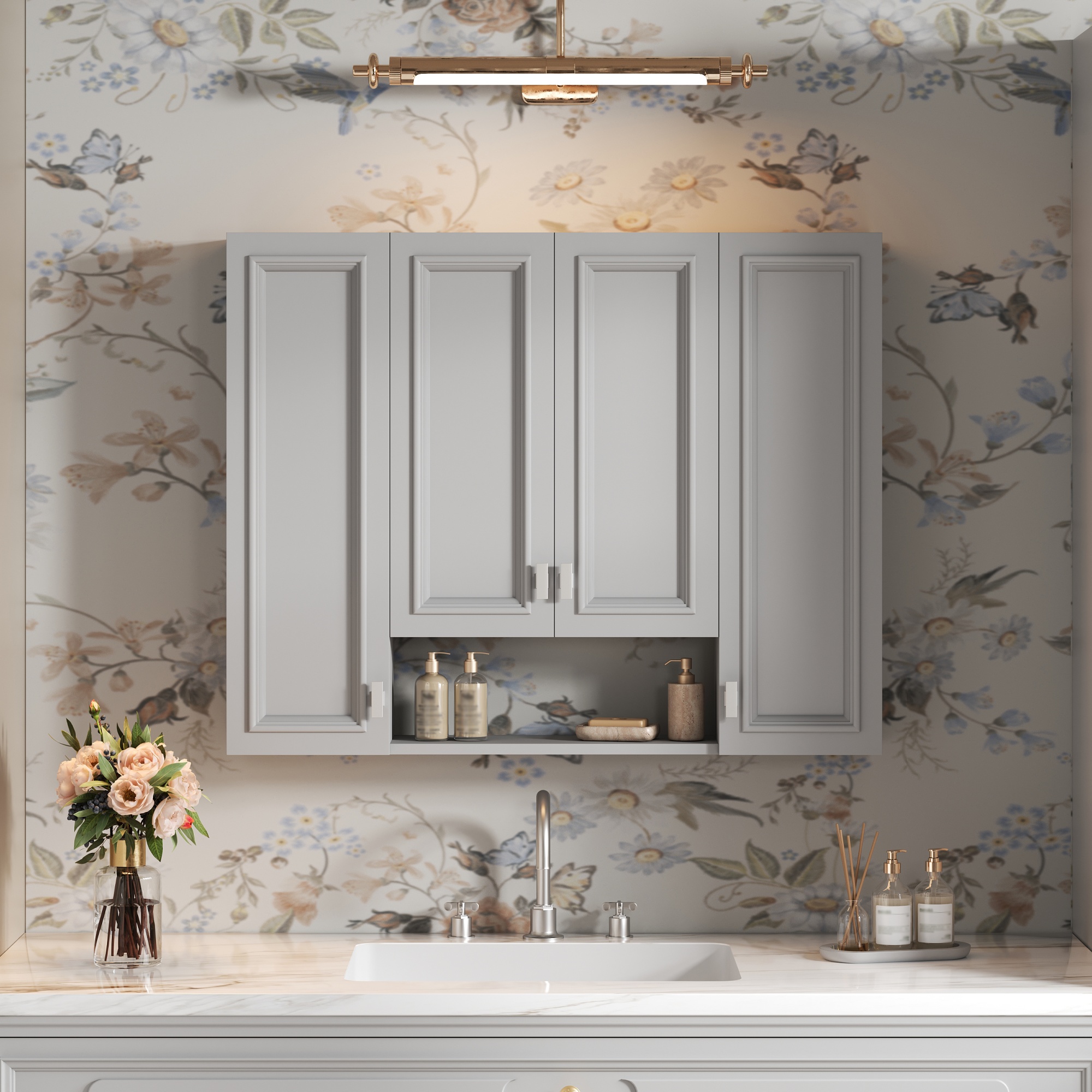 Modern Bathroom Cabinet with 5 Adjustable Shelves, Wall-Mounted Medicine Cabinet for Bathroom, Soft-Closing Hinges, Open Shelving Design