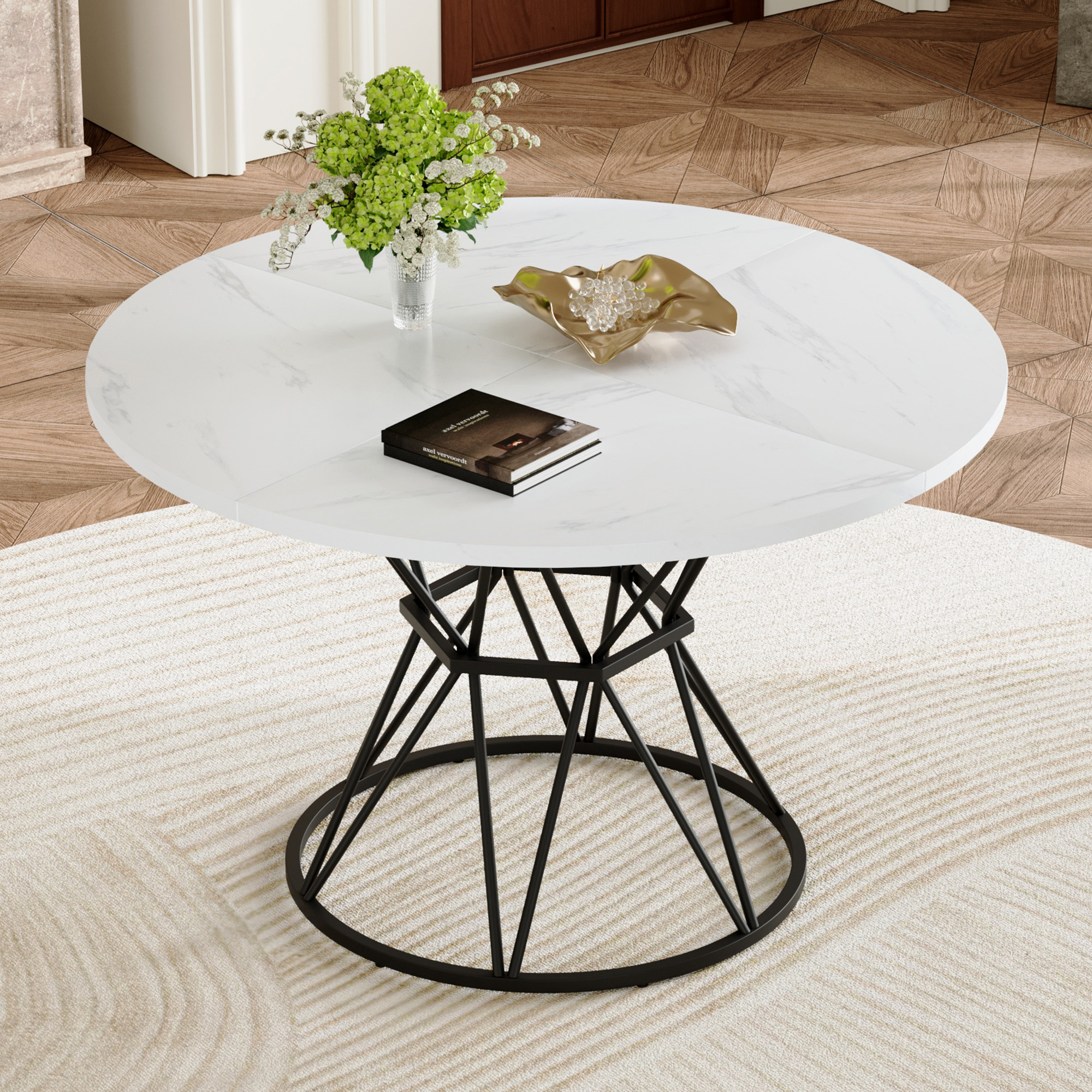 A Circular Dining Table With A Diameter Of 47.3 Inches, Composed Of 4 White Marble Patterned MDF Boards,black Hourglass Shaped Metal Brackets,and A Modern Industrial Style Dining Table For 4-6 People.