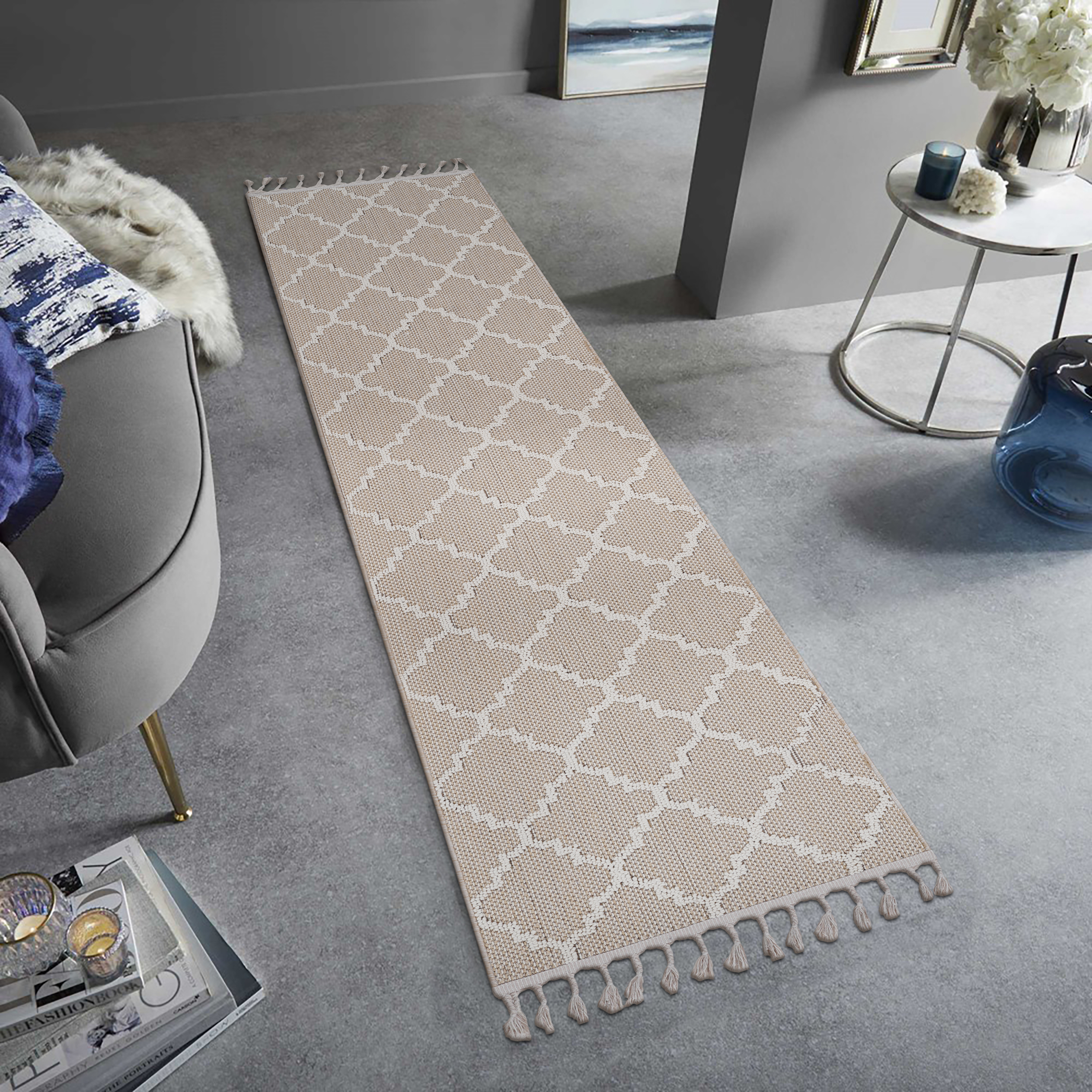 Alfombra de pasillo Guros 2X8 marfil con enrejado para interior/exterior