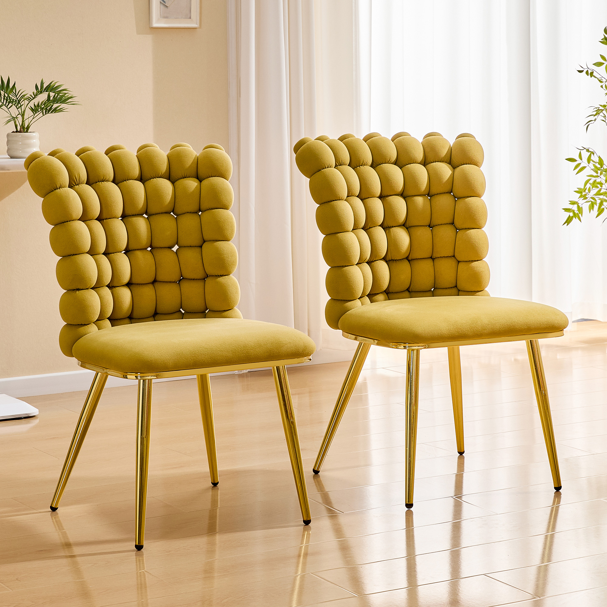 Set Of 2 Ergonomic Tufted Accent Chair With Shiny Gold Legs, Space-Saving Dining & Vanity Chair.