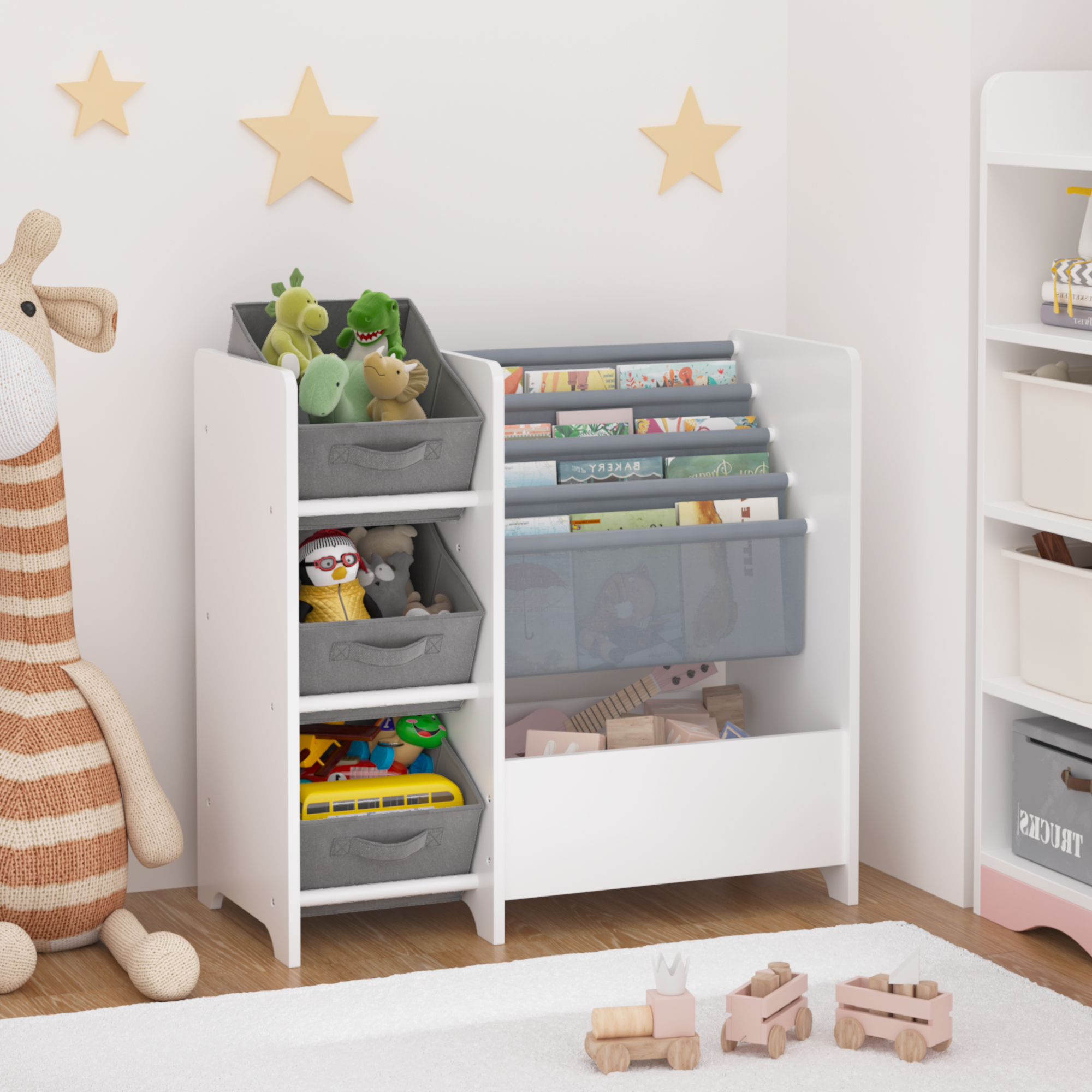 Estantería y organizador de juguetes infantil, 4 niveles, 3 cajones plegables
