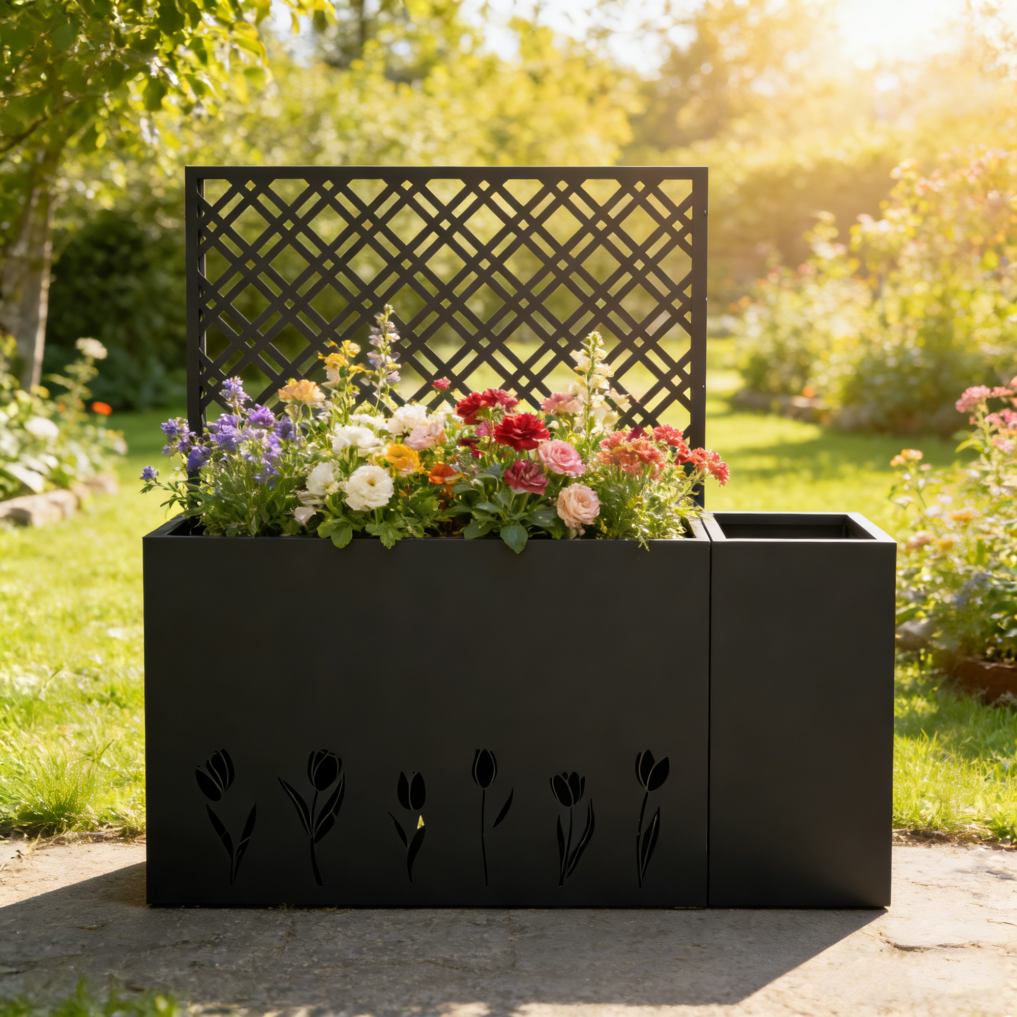 2-Piece Metal Planter Box With Trellis - 23.6in Depth Raised Garden Bed For Outdoor Indoor Use, Rust-Resistant Galvanized Steel Flower Planter With Drainage Holes, Tulip Black
