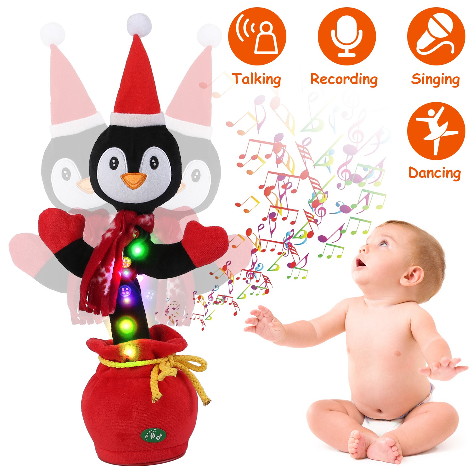 Juguete eléctrico de baile de pingüino/alce/muñeco de nieve, interactivo con luz y grabación