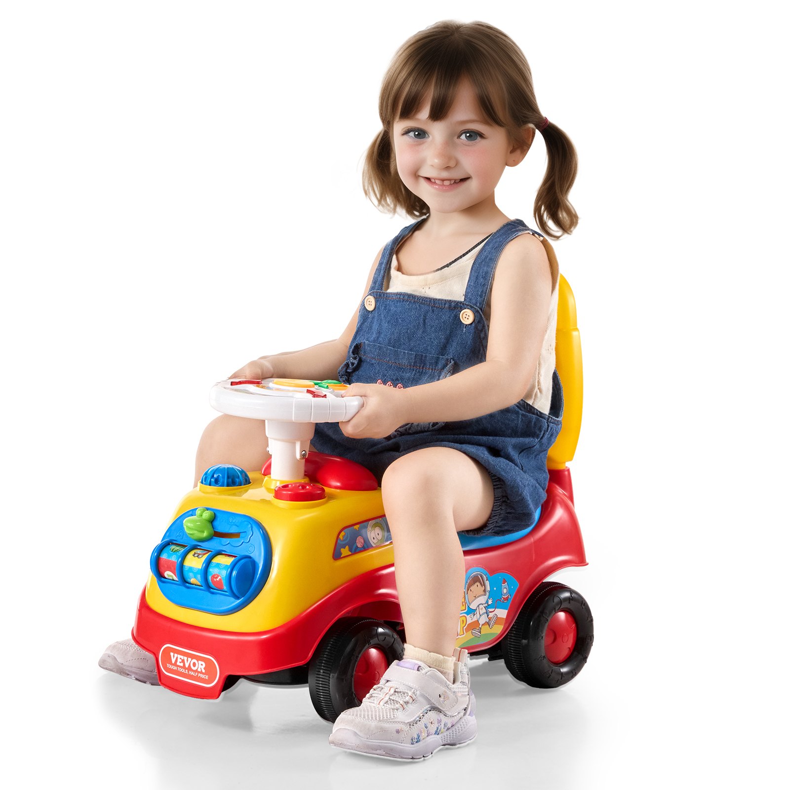 Coche montable clásico para niños de 1-3 años con música, bocina y almacenamiento
