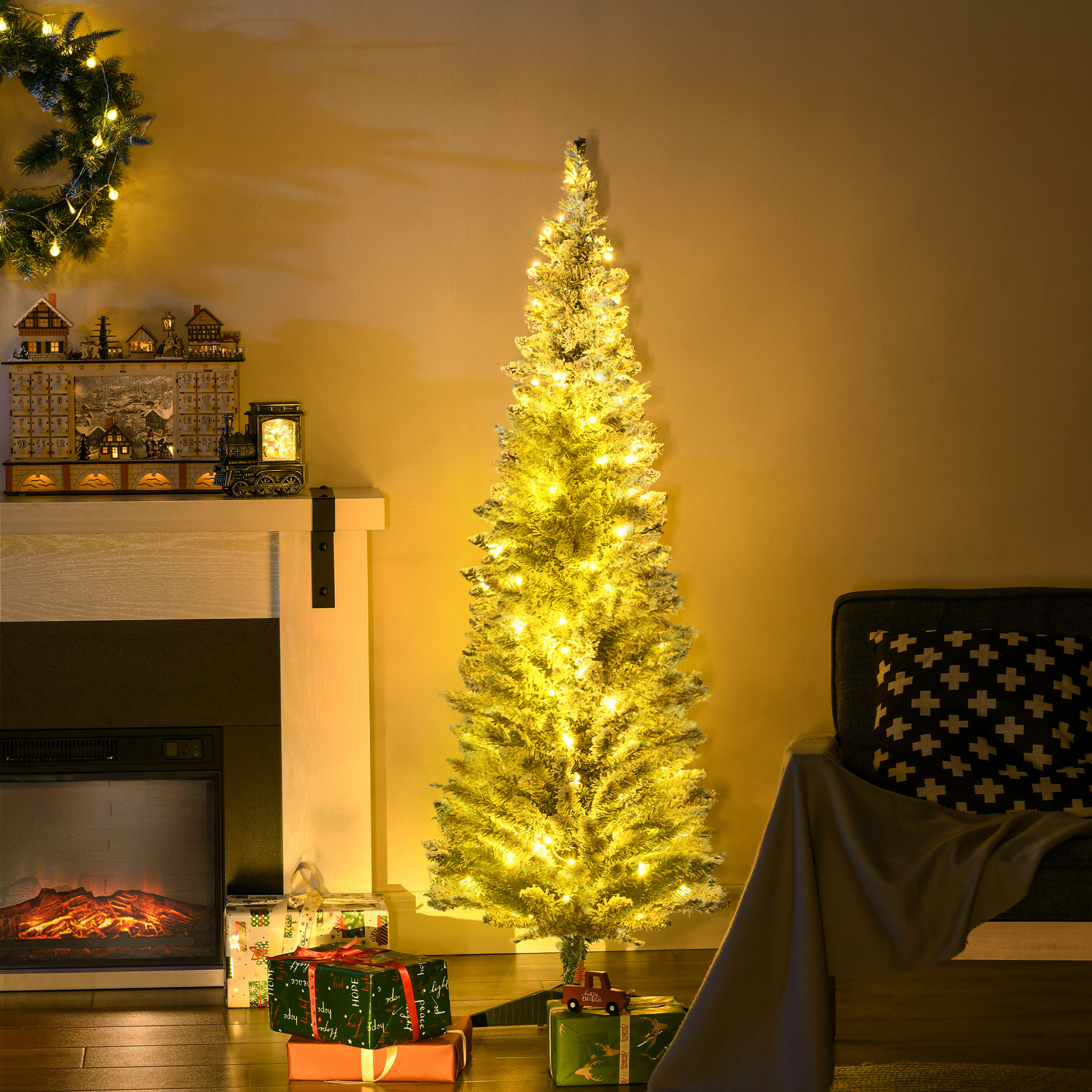 Árbol de Navidad artificial delgado de 5 pies, verde, con ramas realistas y luces LED